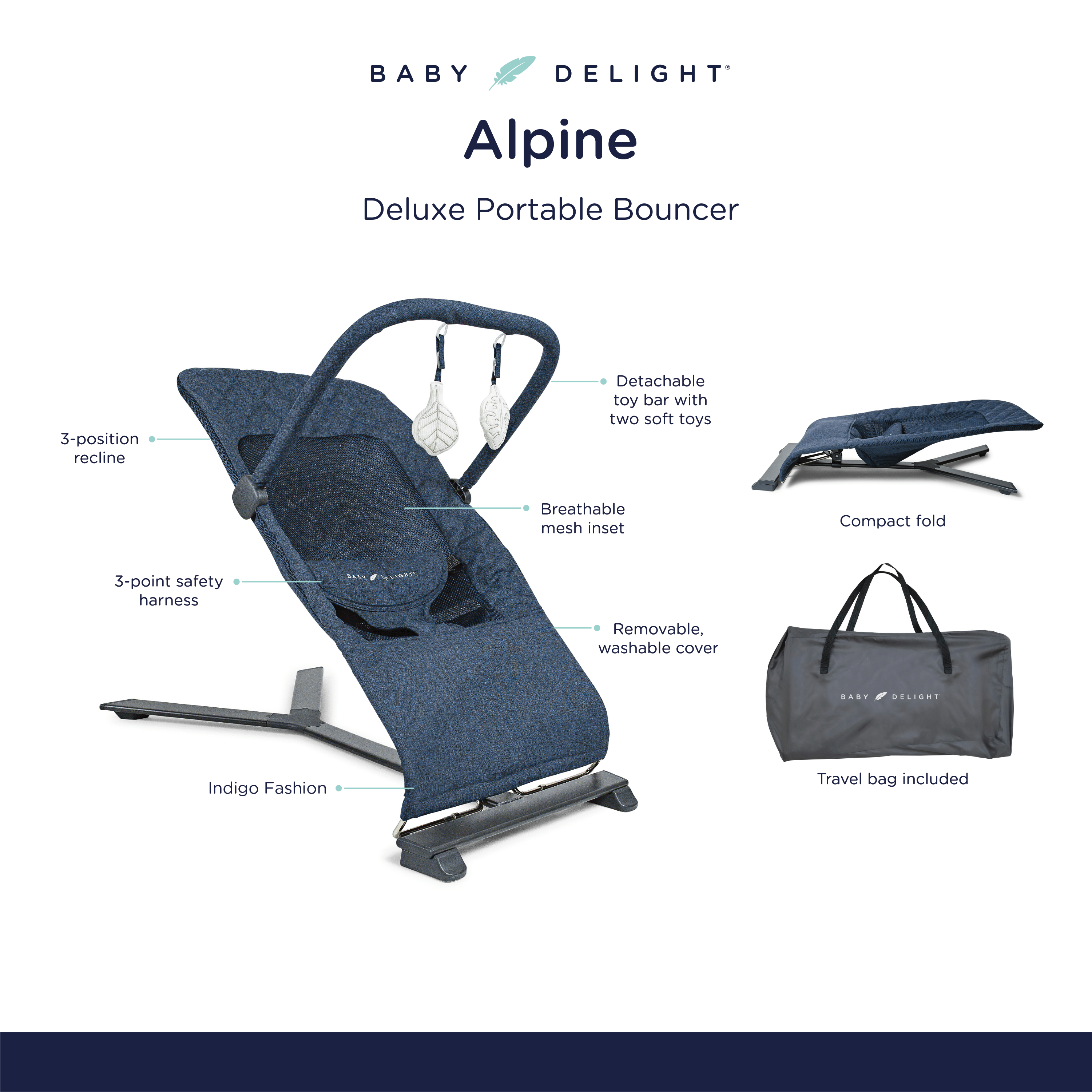 Baby Delight Alpine Deluxe Portable Infant Bouncer - for Use 0-6 Months- Quilted Indigo