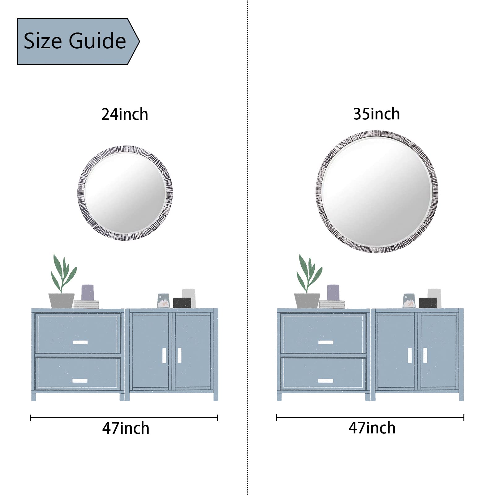 35" Wood Round Mirror, Rustic Wall Mirror with Thick Frame, Large Round Mirror for Wall Decor, Wooden Circle Beveled Mirror for Entryway, Farmhouse, Washed White