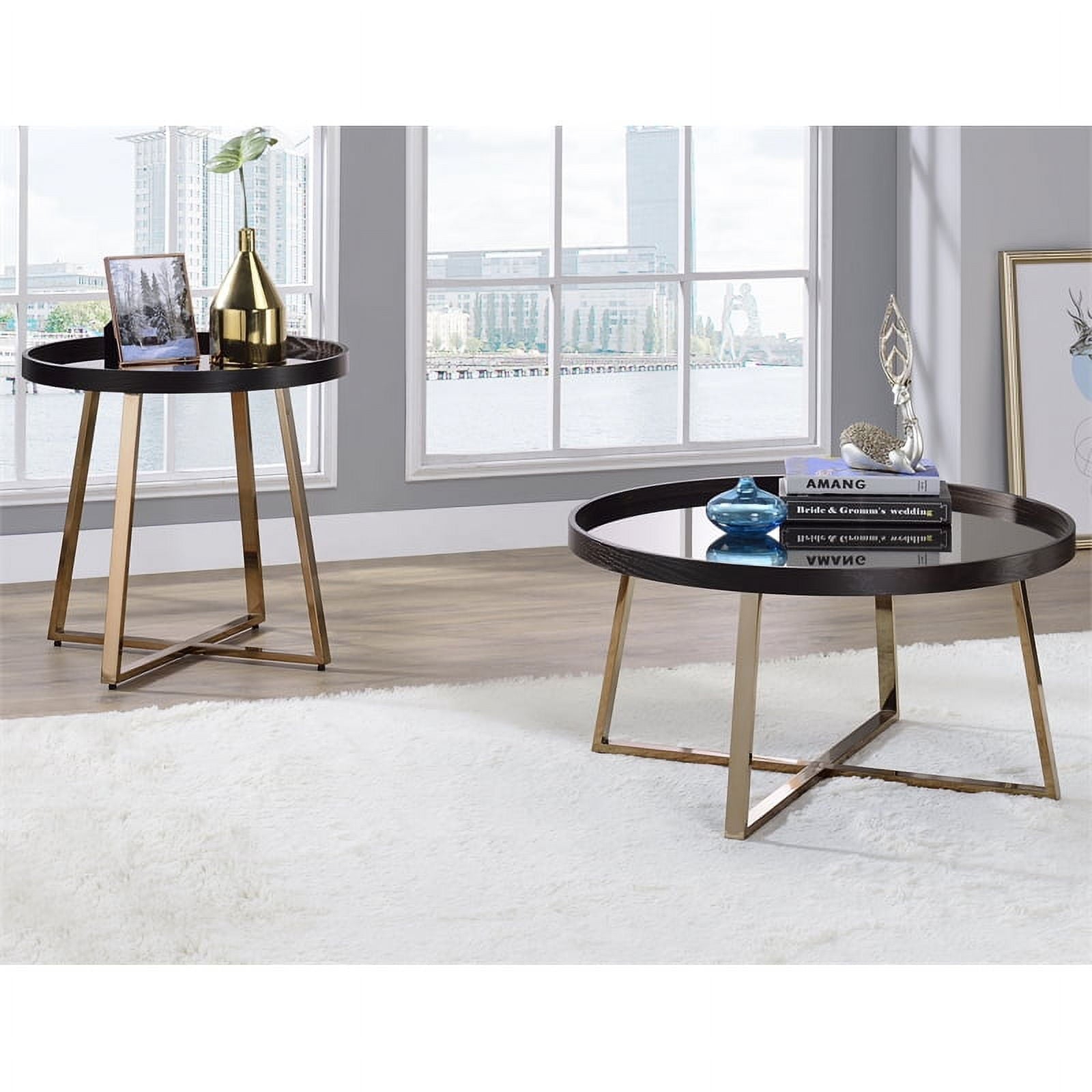 ACME Hepton Round Mirrored Top End Table in Mirrored and Walnut