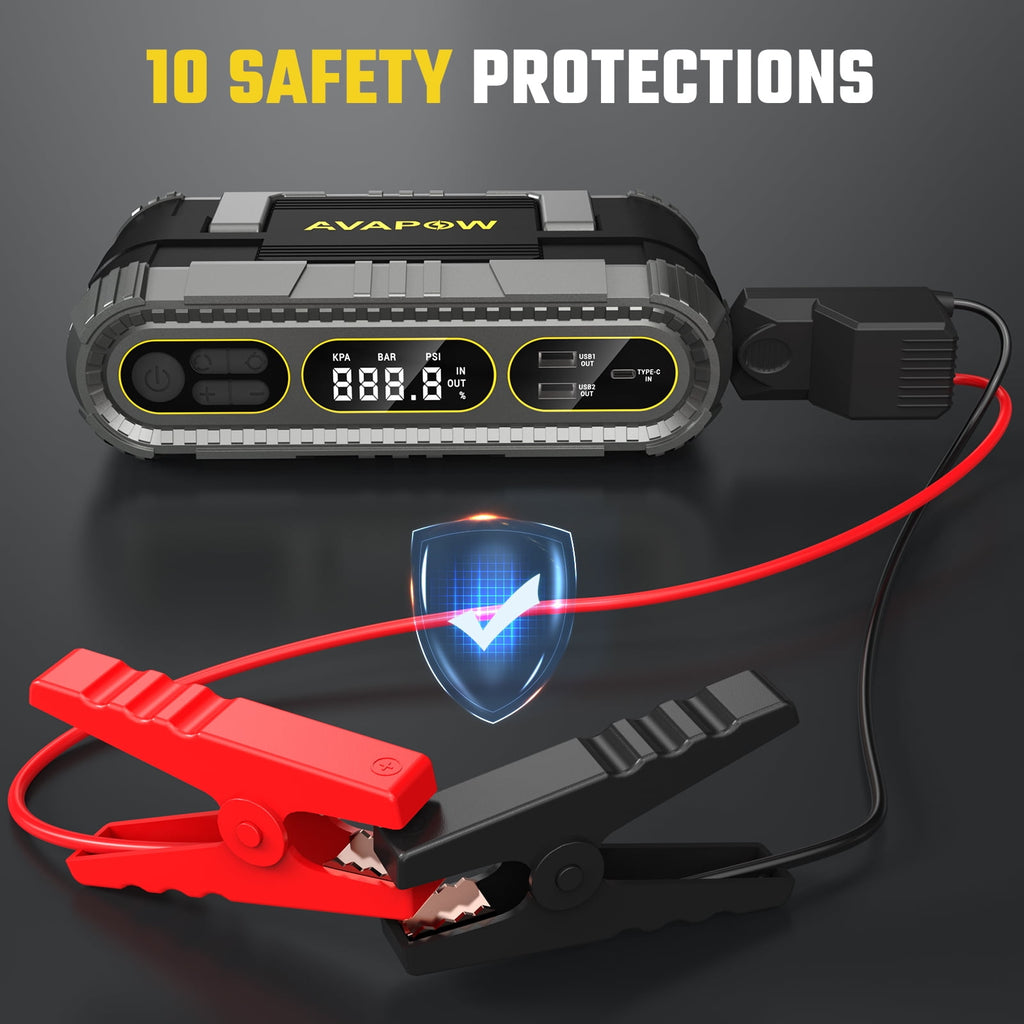 AVAPOW Jump Starter with Air Compressor, 2000A Battery Jump Starter (up to 8.0L Gas/6.0L Diesel Engines), 150PSI Digital Tire Inflator, 12V Jump Box with Emergency Light