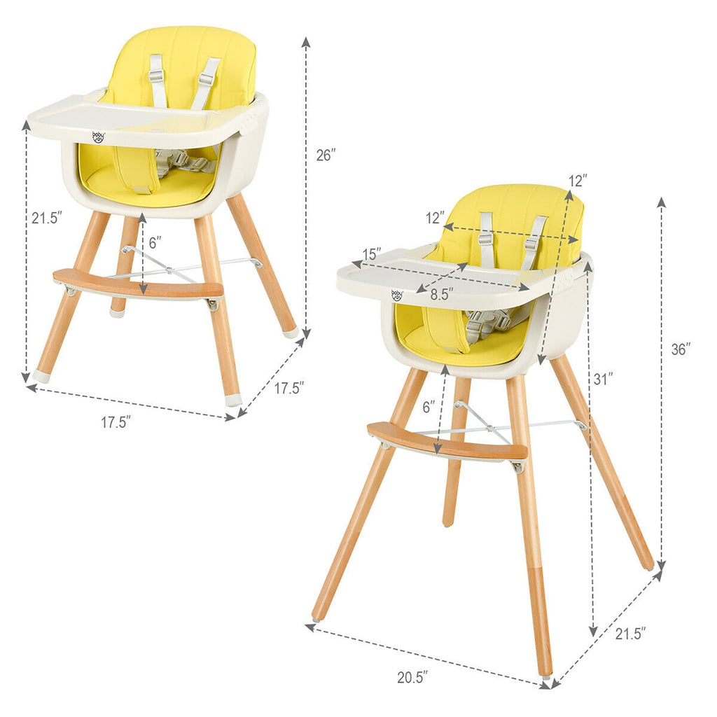 Babyjoy 3 in 1 Convertible Wooden High Chair Toddler Feeding Chair with Cushion Beige