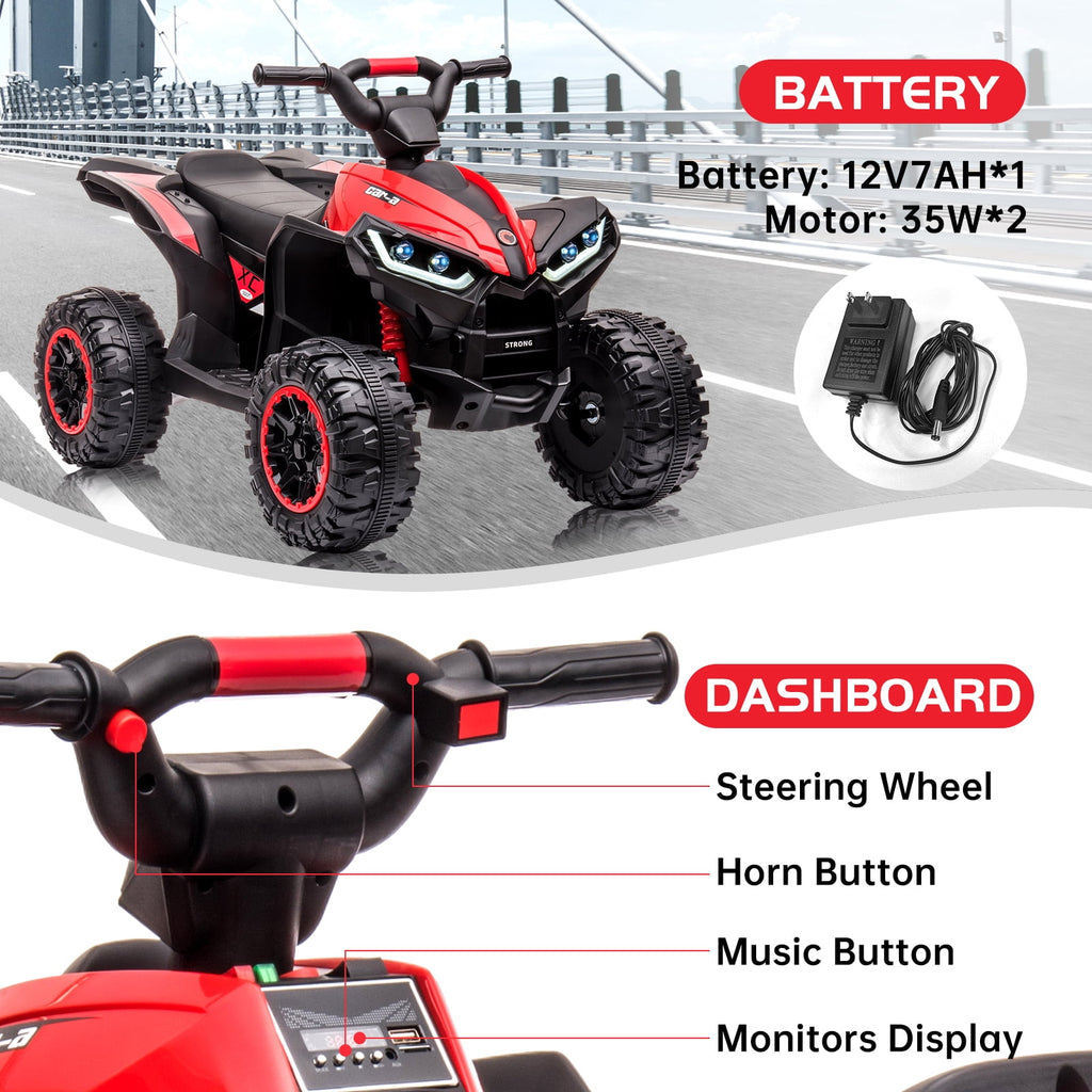12V Kids Ride On ATV, Battery Powered Quad Toy Vehicle with Music, Horn, High Low Speeds, LED Lights, Electric Ride On Toy for Kids, Soft Start, Ride-On Fun
