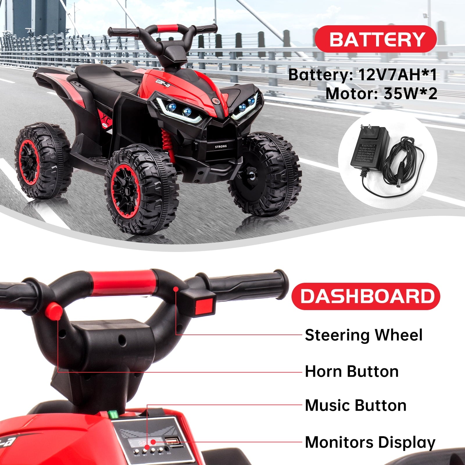 12V Kids Ride On ATV, Battery Powered Quad Toy Vehicle with Music, Horn, High Low Speeds, LED Lights, Electric Ride On Toy for Kids, Soft Start, Ride-On Fun
