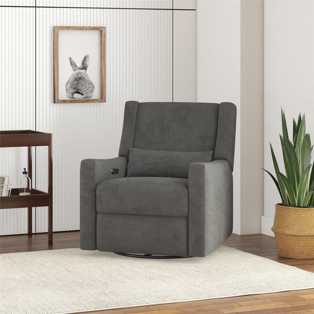 Baby Relax Otto 4-in-1 Nursery Swivel Glider Rocker Power Recliner with USB Ports, Gray Velvet