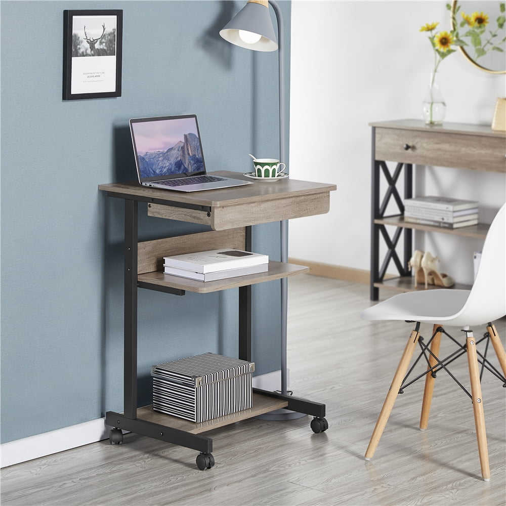 Alden Design Rolling Computer Desk with 2 Storage Shelves and Drawer, Black