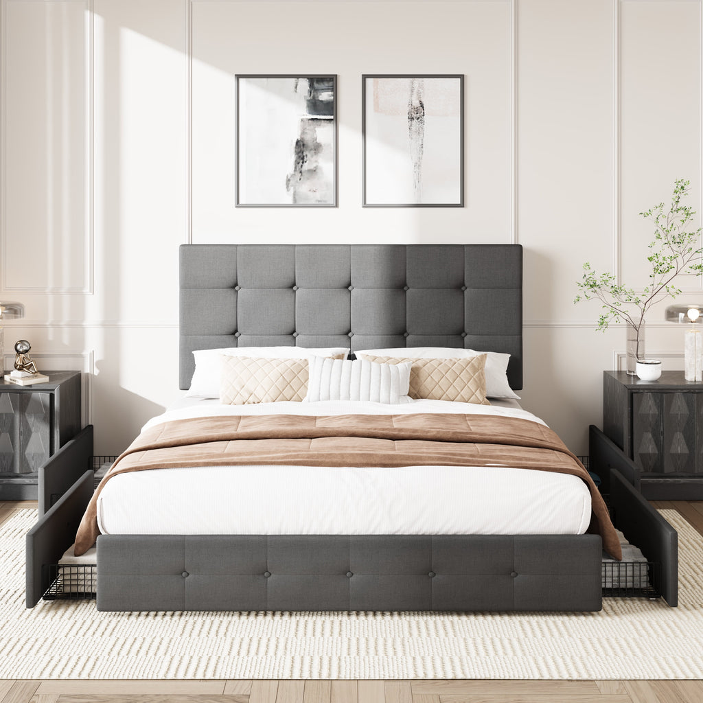 Amolife Queen Size Platform Bed Frame with Headboard and 4 Storage Drawers, Button Tufted Style, Mattress Not Included, Dark Gray