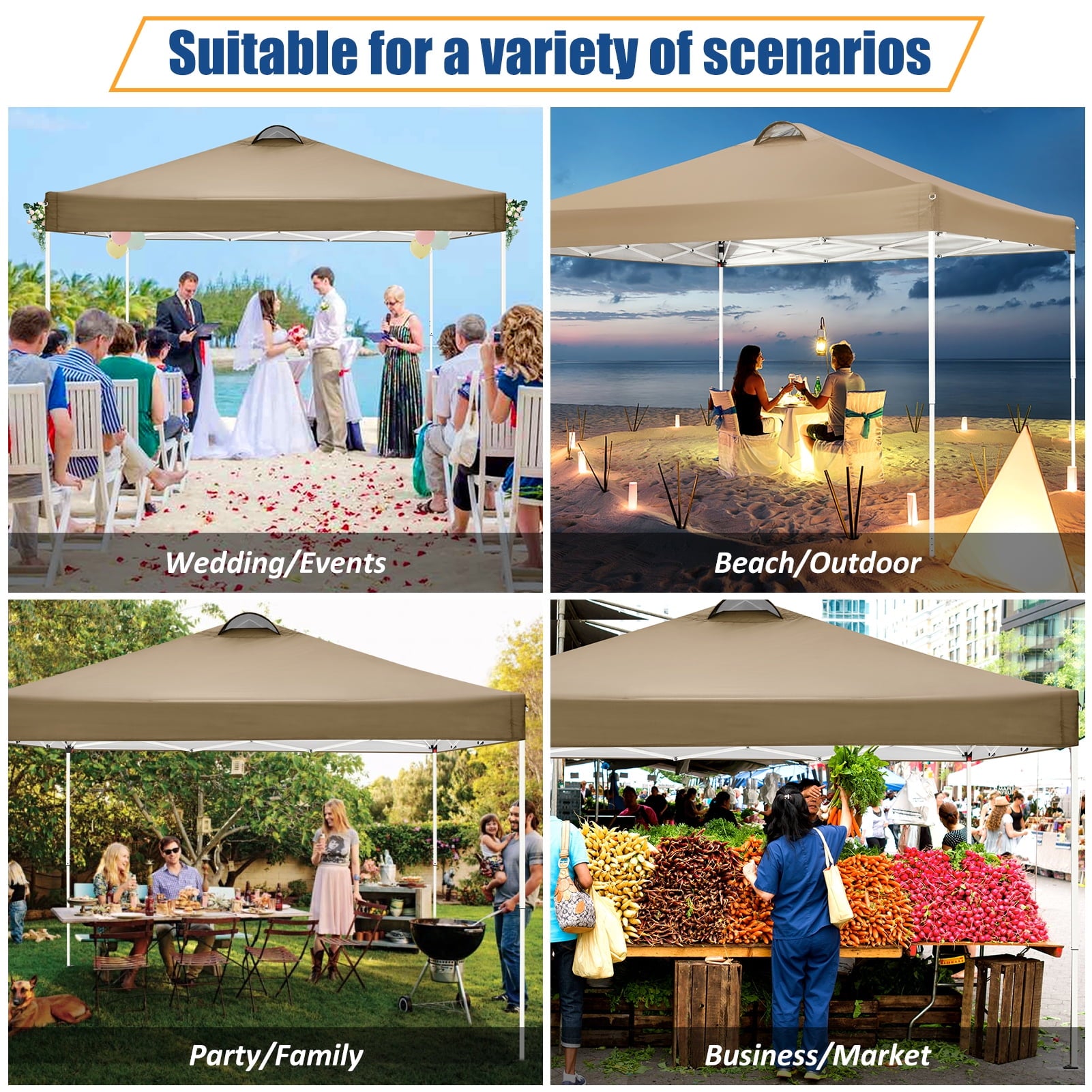 10'x10' EZ Pop Up Canopy with Top Vent, Large Commercial Tent, Waterproof and Sunproof with 4 Removable Sidewalls, Suitable for Weddings come with 4 Sandbags (Black)