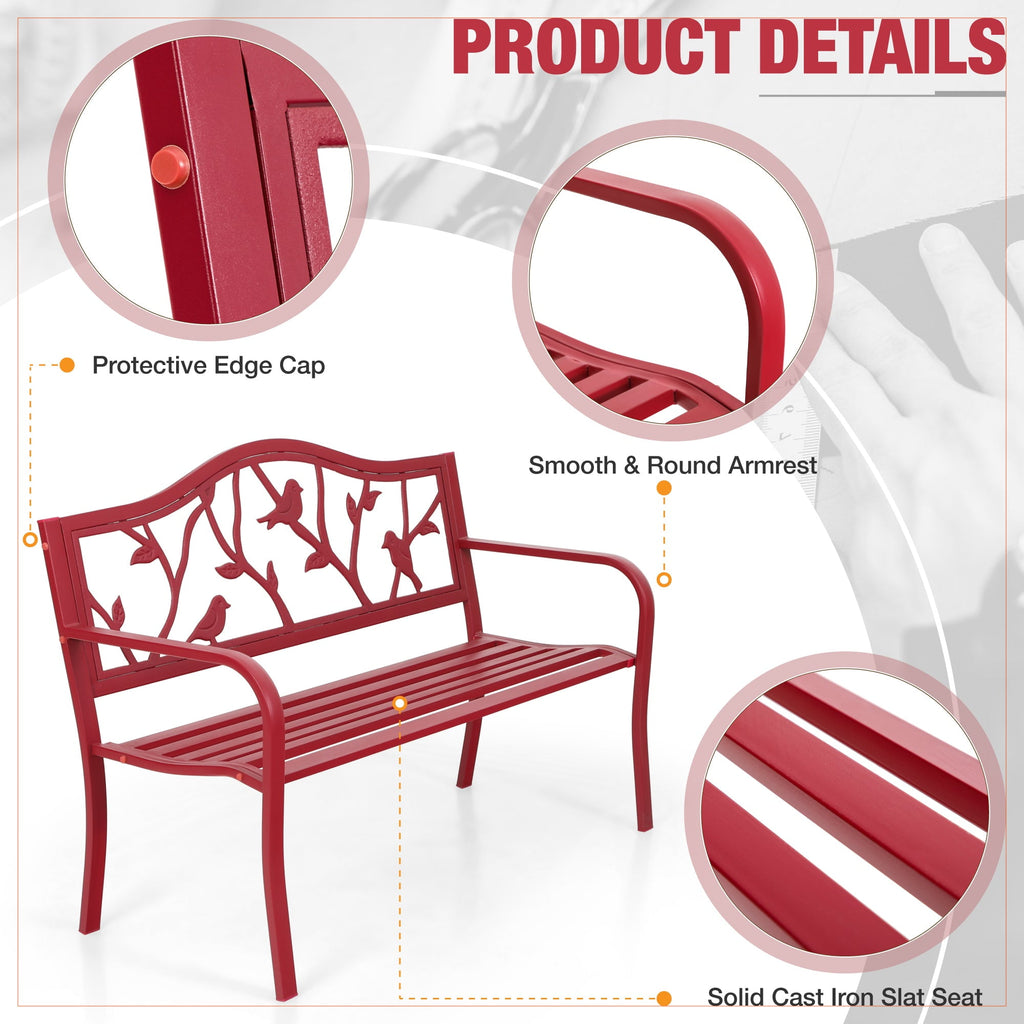 Alpha Joy 50” Outdoor Metal Patio Garden Bench for Lawn, Park, Deck - Red Bird