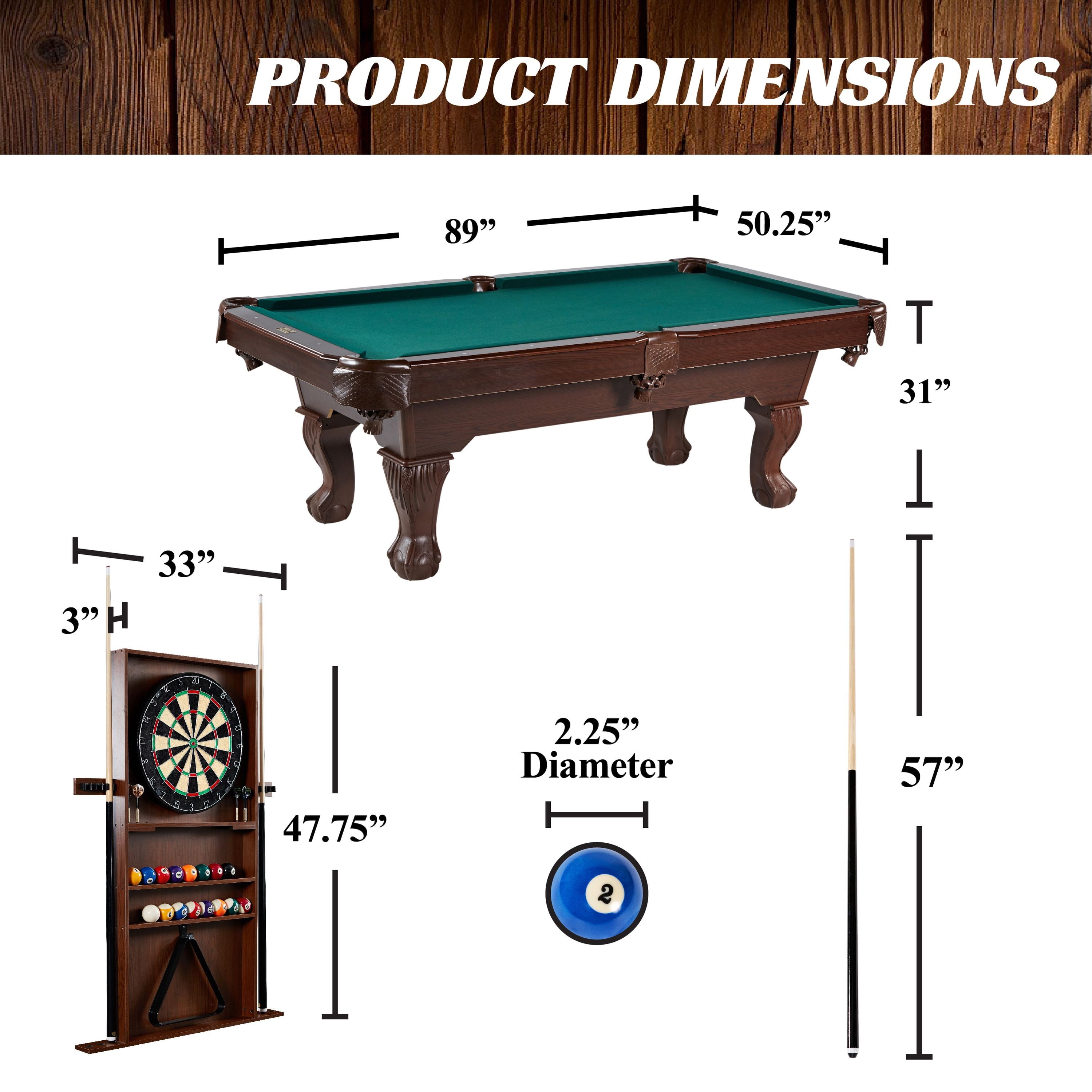 Barrington Billiards 90" Ball and Claw Leg Pool Table with Cue Rack, Dartboard Set, Burgundy, New