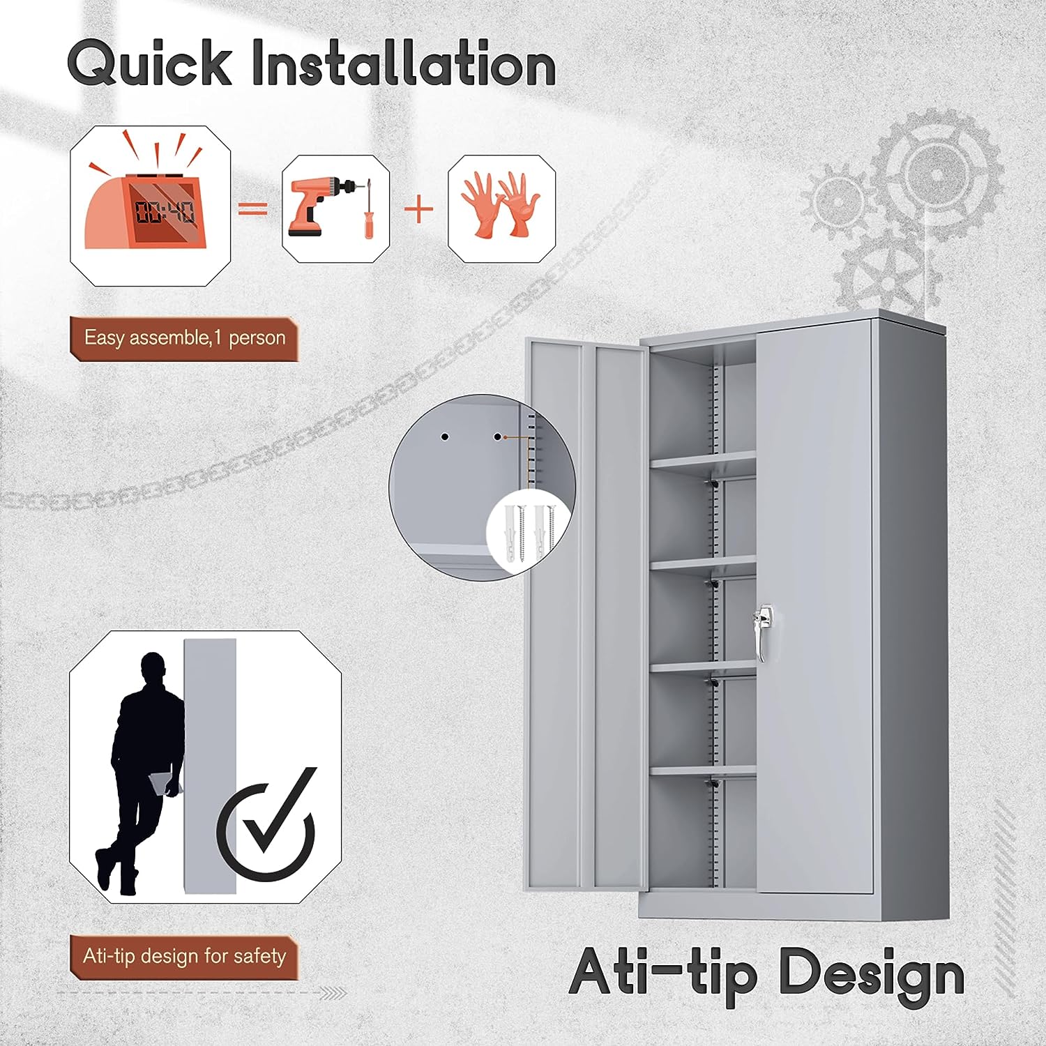 71" Metal Garage Storage Cabinet with Locking Doors and Adjustable Shelves for Home, Office(Black)