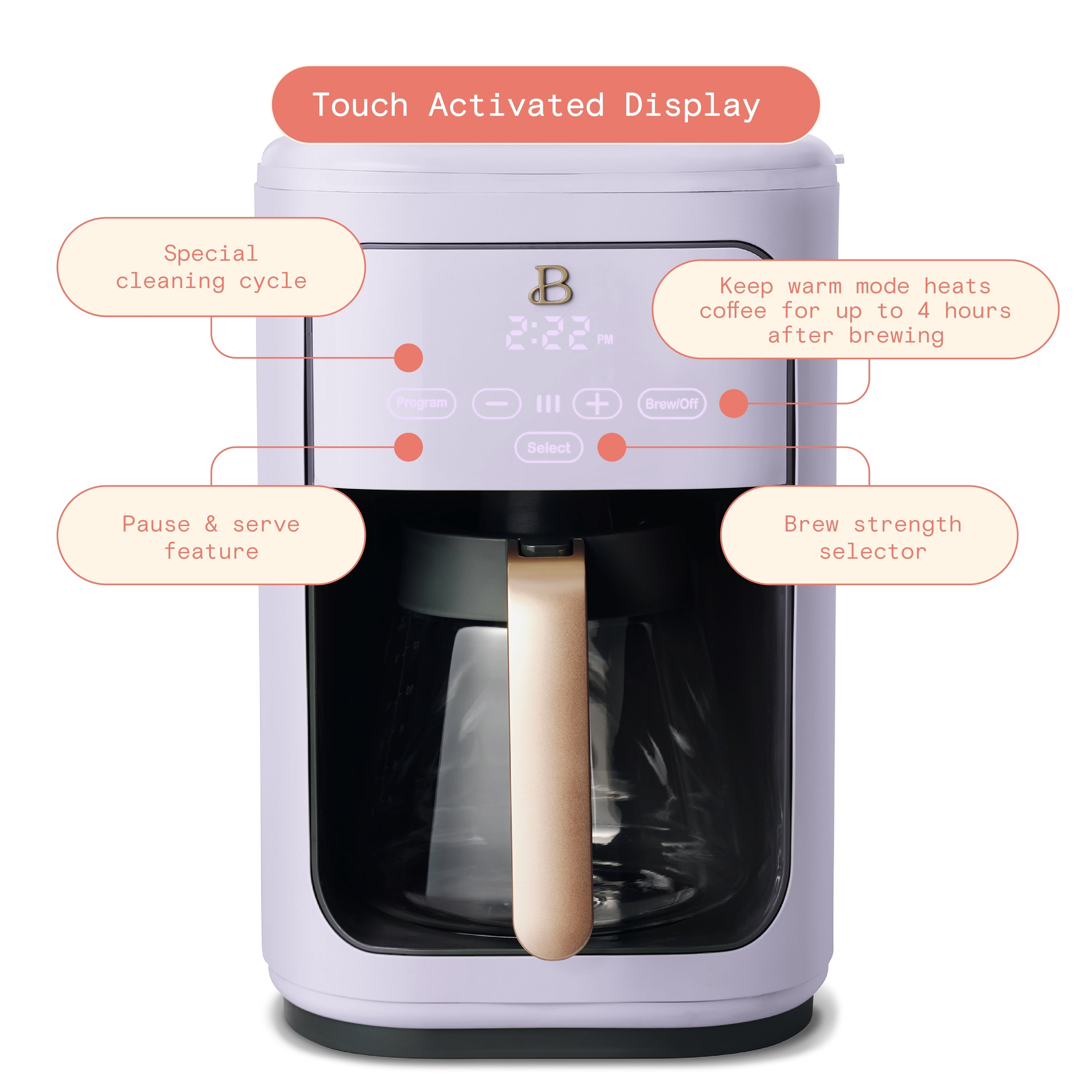Beautiful 14-Cup Programmable Drip Coffee Maker with Touch-Activated Display, White Icing by Drew Barrymore