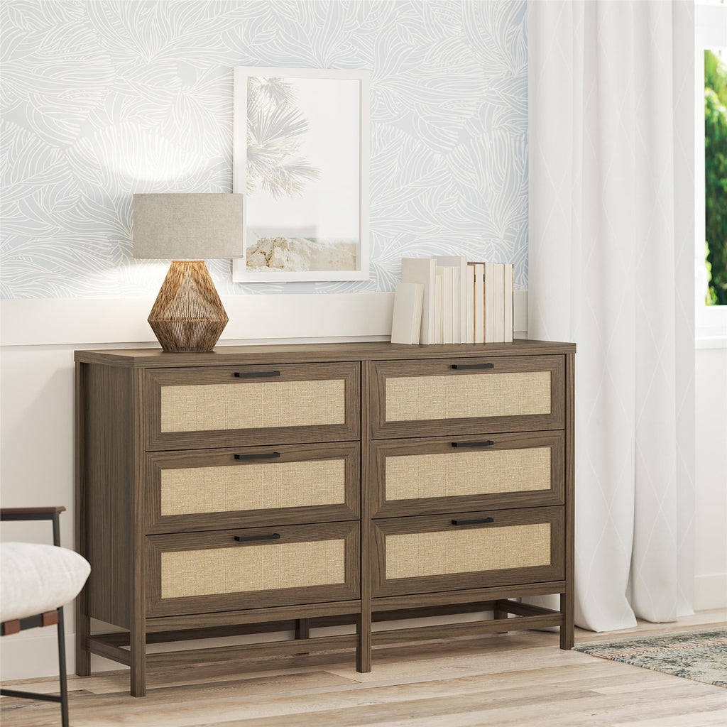 Ameriwood Home Lennon Tall 5 Drawer Dresser, Medium Brown and Faux Rattan