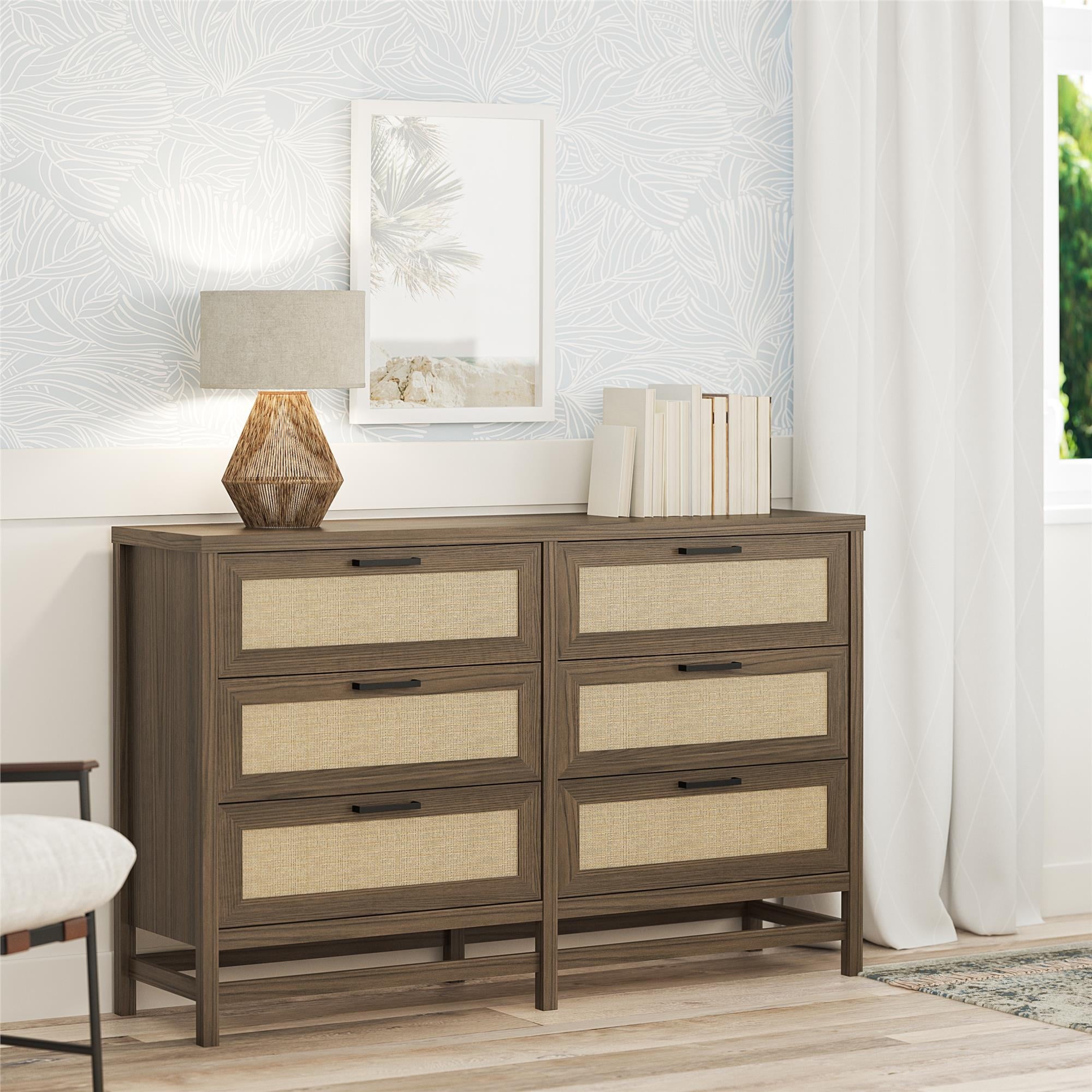 Ameriwood Home Lennon Tall 5 Drawer Dresser, Medium Brown and Faux Rattan
