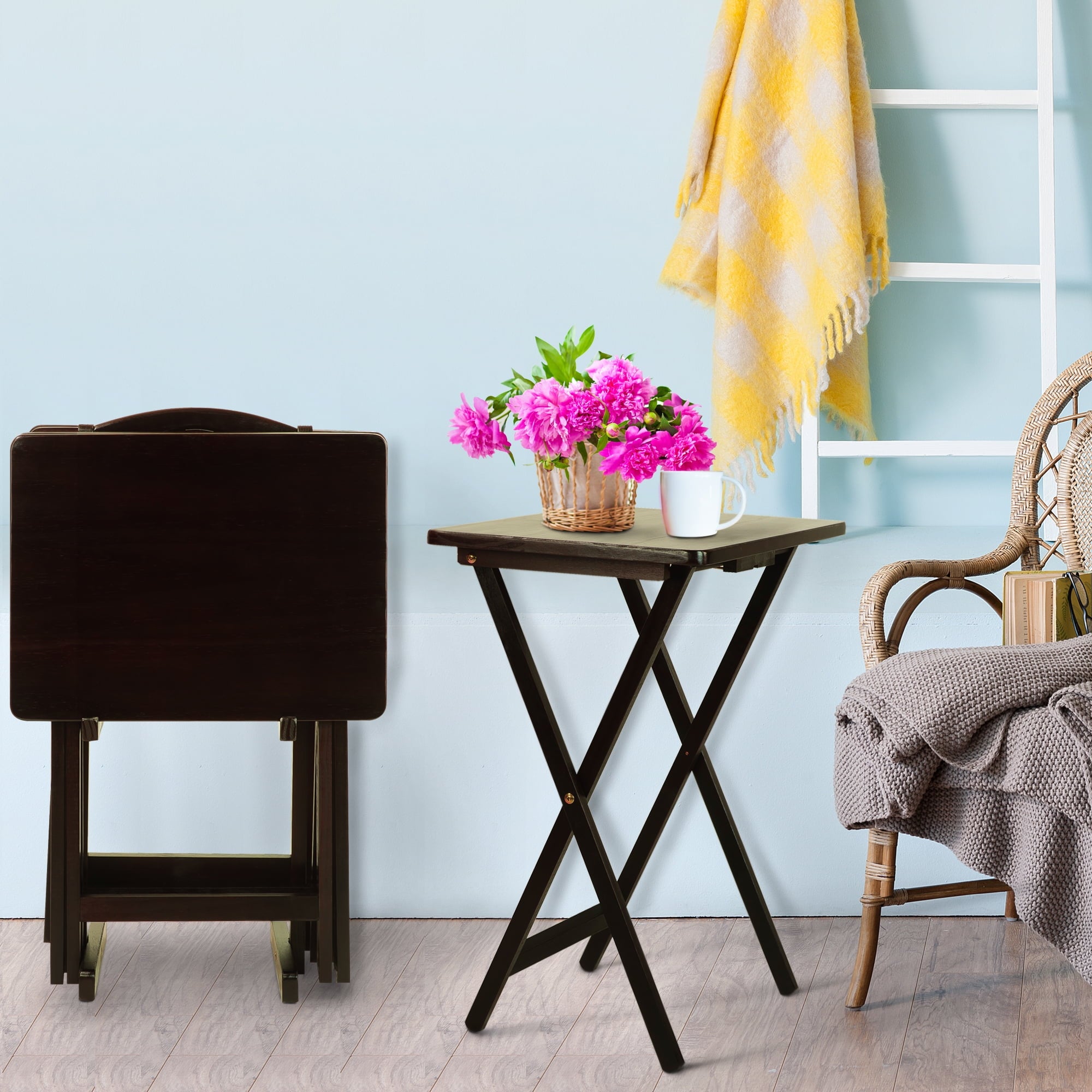 5 Piece TV Tray Table Set in White (4 Trays, 1 Stand)