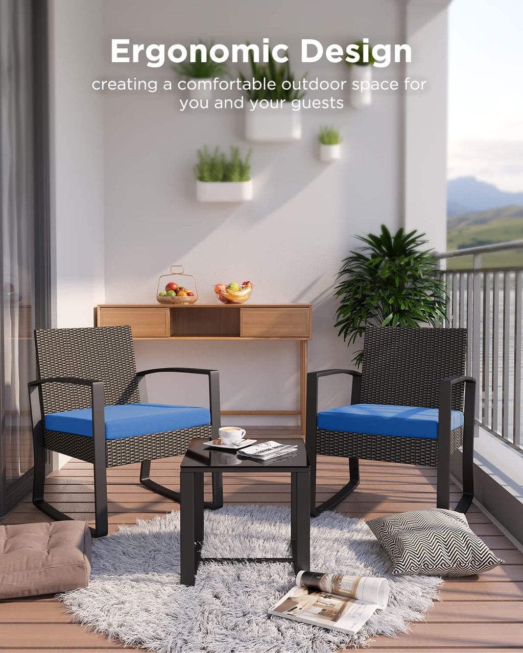 3 Piece Patio Bistro Set, Outdoor Furniture Rocking Chair Set with Glass Table, Beige Cushion