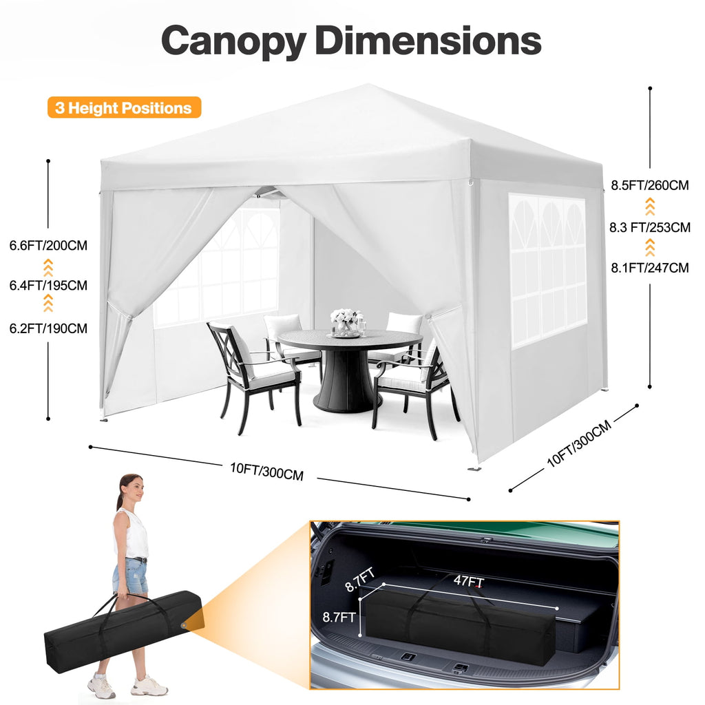 10'x 10' Pop up Canopy 1 Person Setup Canopy Portable Outdoor Party Instant Shelter with 4 Removable Sidewalls & Carrying Bag for Wedding Picnics Camping, White