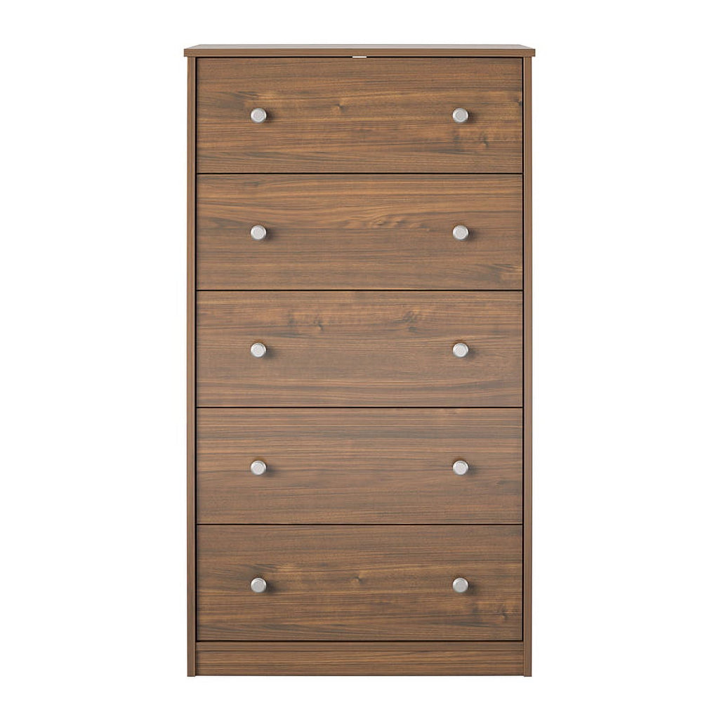 Ameriwood Home Lennon Tall 5 Drawer Dresser, Medium Brown and Faux Rattan