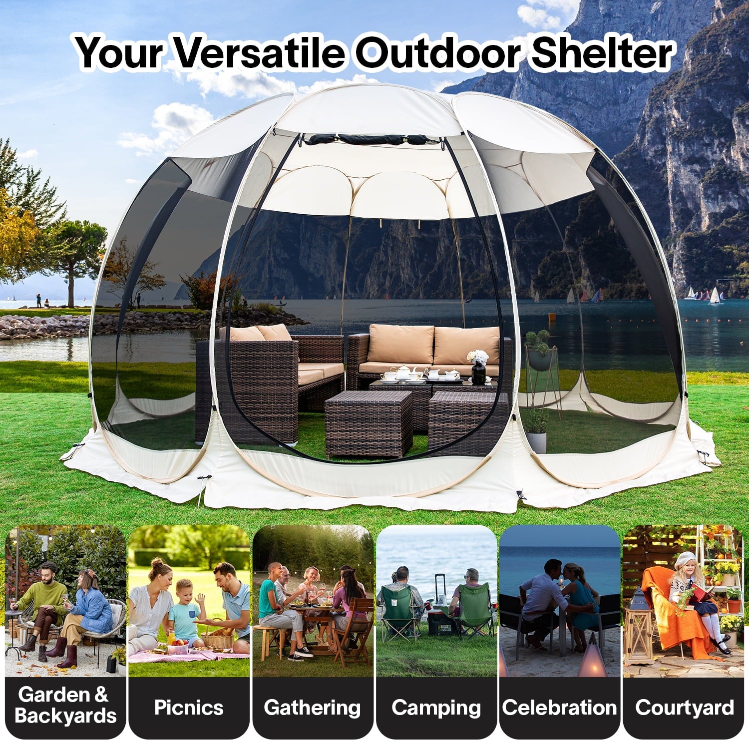 Alvantor Screen House Room Camping Tent Outdoor Canopy Dining Gazebo Pop Up Sun Shade Hexagon Shelter Mesh Walls Not Waterproof 10'x10' Beige