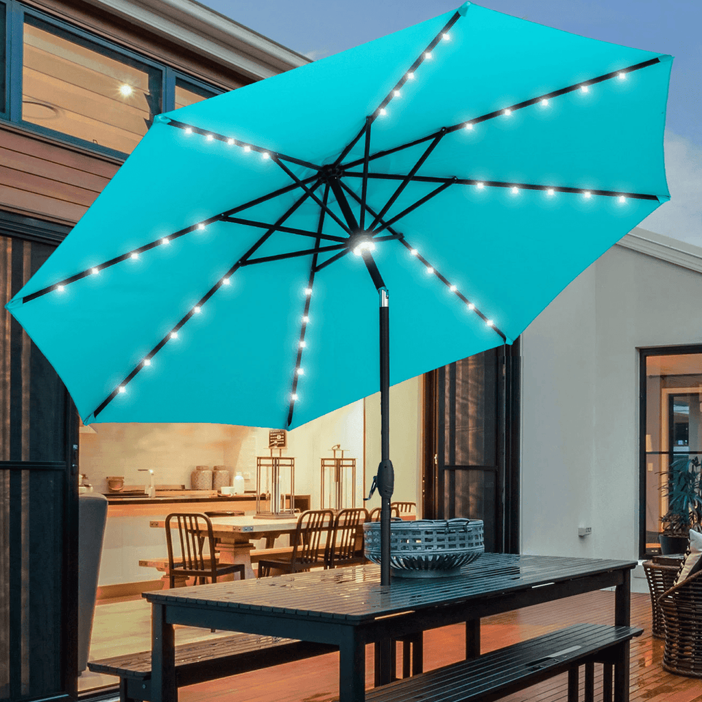 Autlaycil 10 ft Solar Patio Umbrellas with 40 LED lights for Market Outdoor Pool, Steel Tilt Crank, Navy Blue