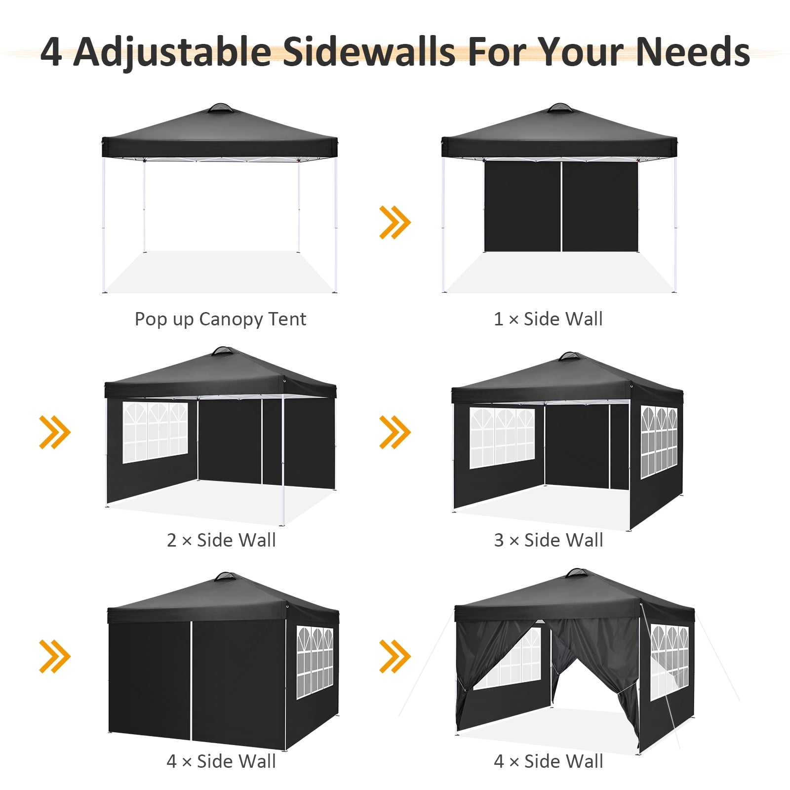 10'x10' EZ Pop Up Canopy with Top Vent, Large Commercial Tent, Waterproof and Sunproof with 4 Removable Sidewalls, Suitable for Weddings come with 4 Sandbags (Black)