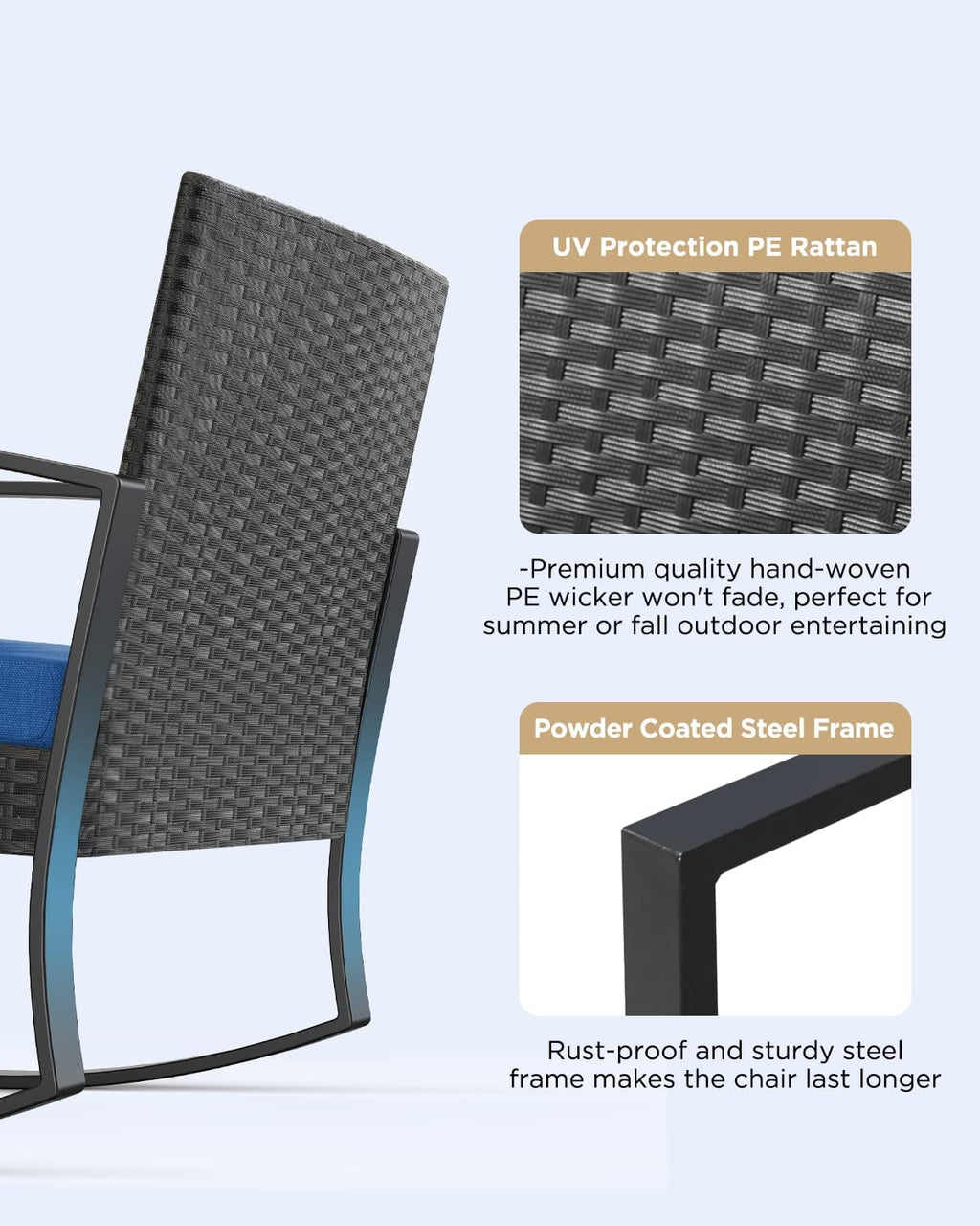 3 Piece Patio Bistro Set, Outdoor Furniture Rocking Chair Set with Glass Table, Beige Cushion