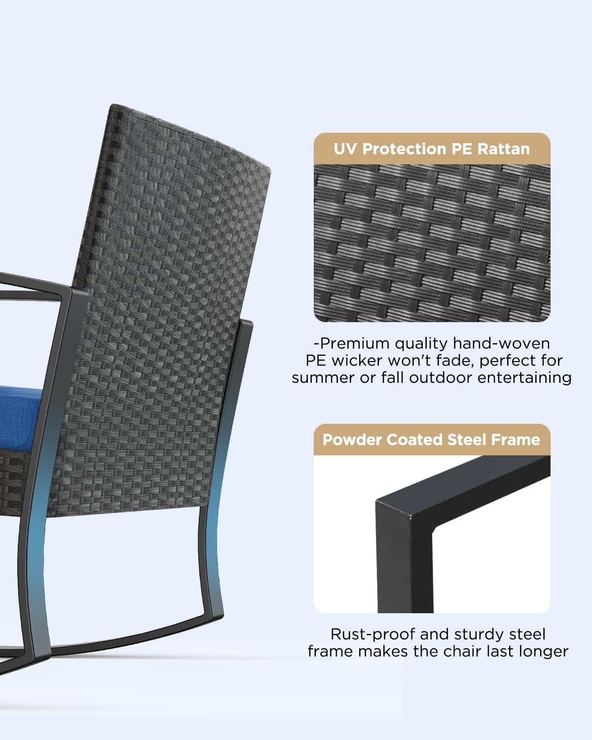 3 Piece Patio Bistro Set, Outdoor Furniture Rocking Chair Set with Glass Table, Beige Cushion