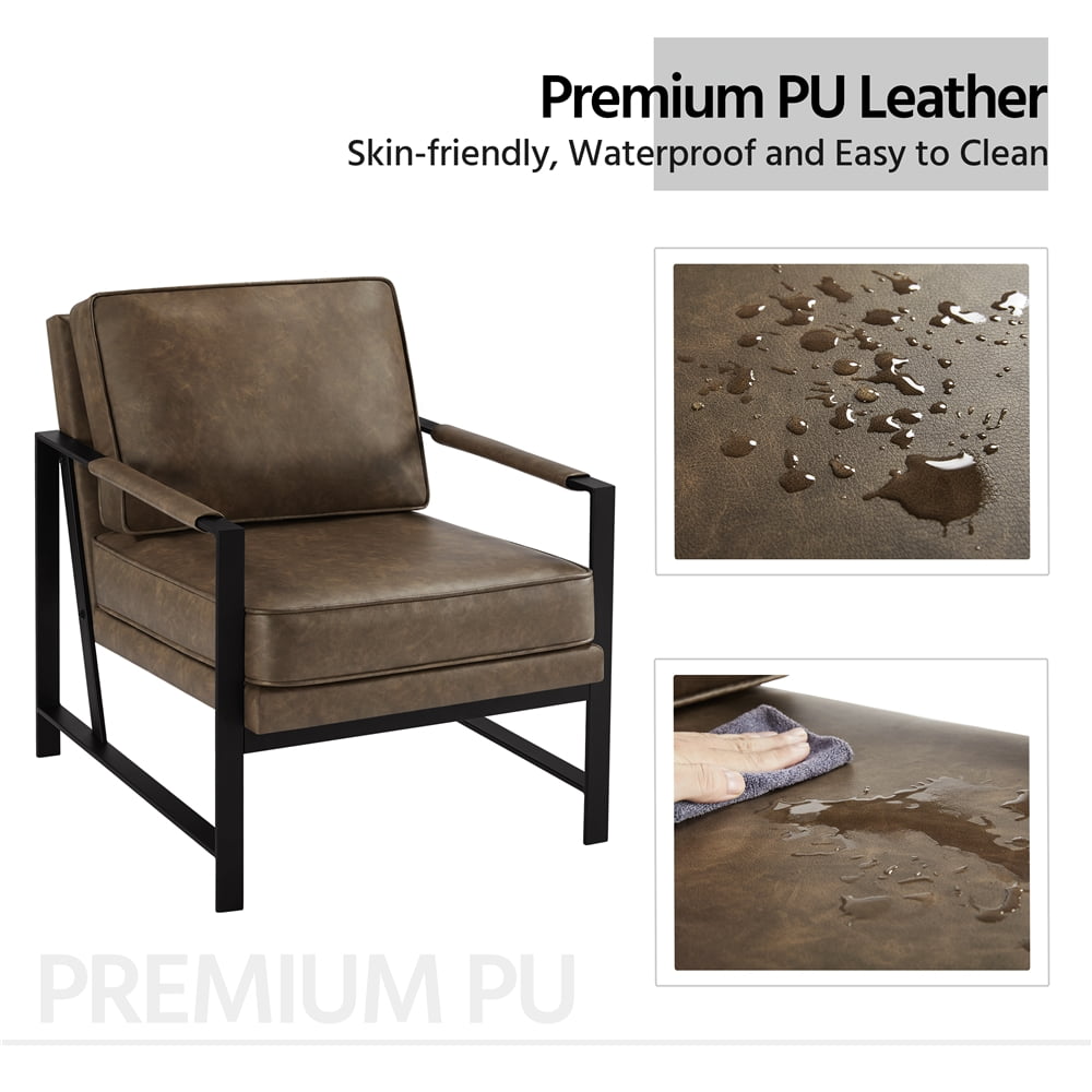 Alden Design Mid-Century Modern Accent Chair with Metal Frame, Brown Faux Leather