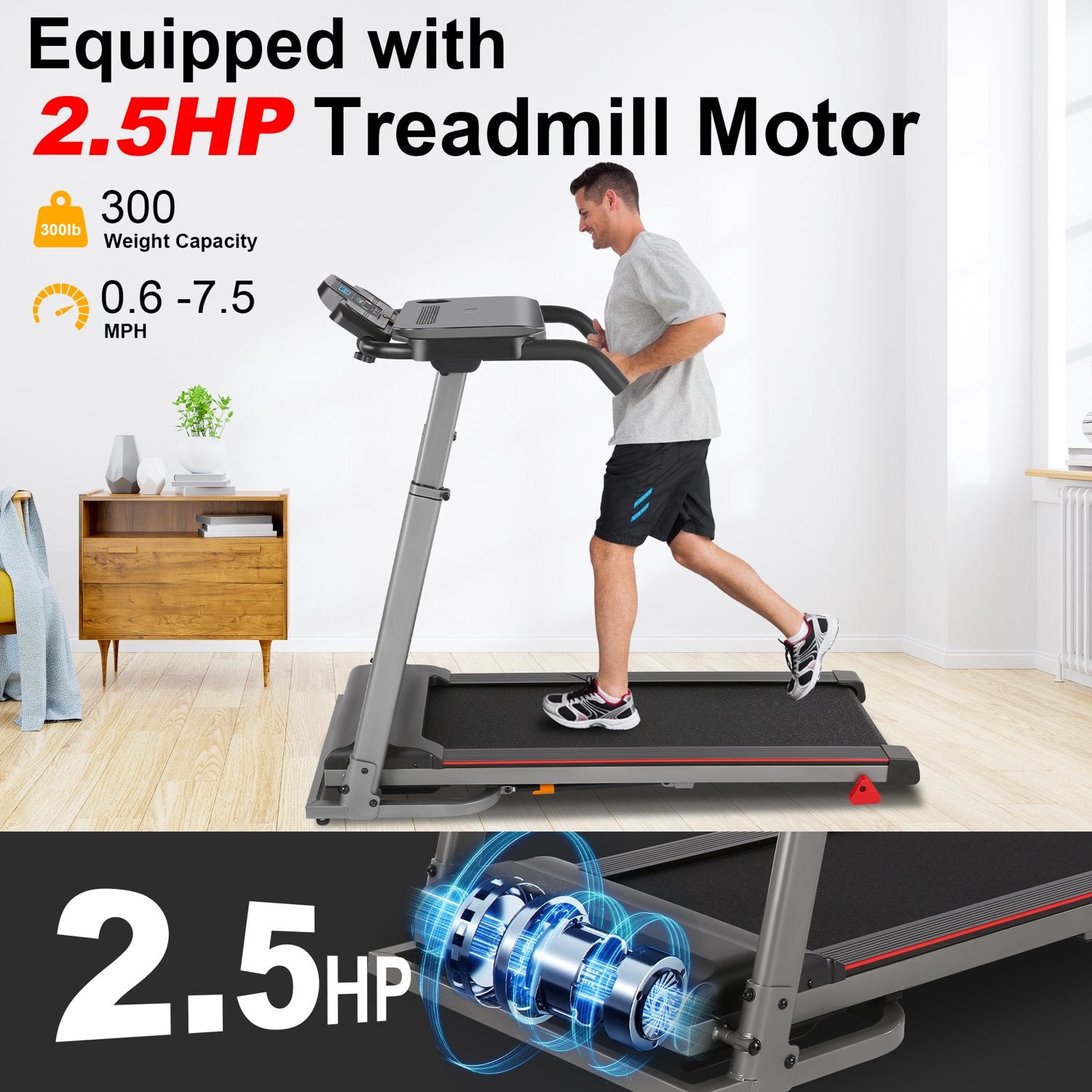 ADNOOM 300Lbs Treadmill with Desk - 2.5 HP Portable Folding Treadmill for Home, Running Machine with Incline（Gray）
