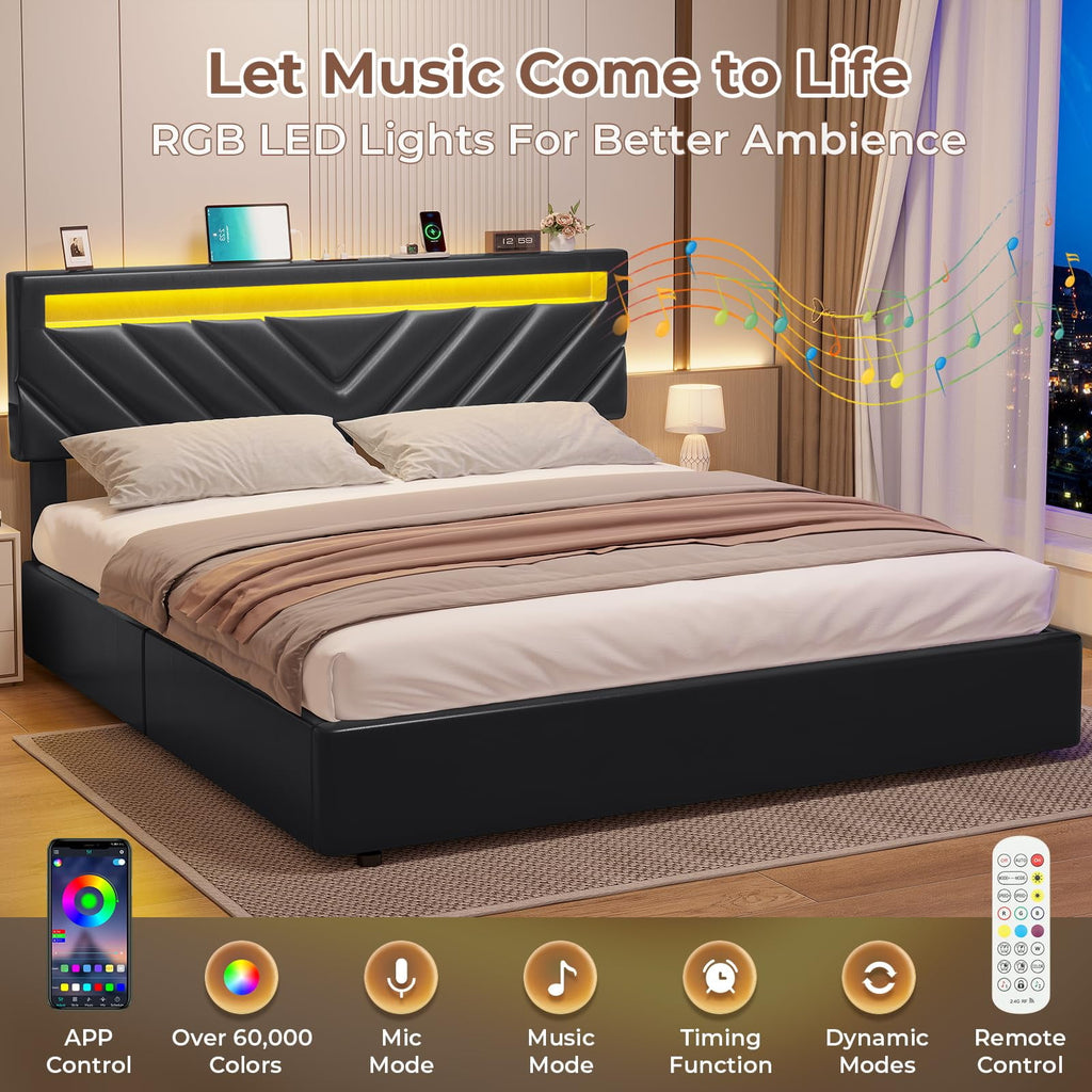 Afuhokles Queen Bed Frame with LED Lights Headboard, 4 Drawers,2 USB Charging Station, Upholstered Platform Bed, Dark Gray