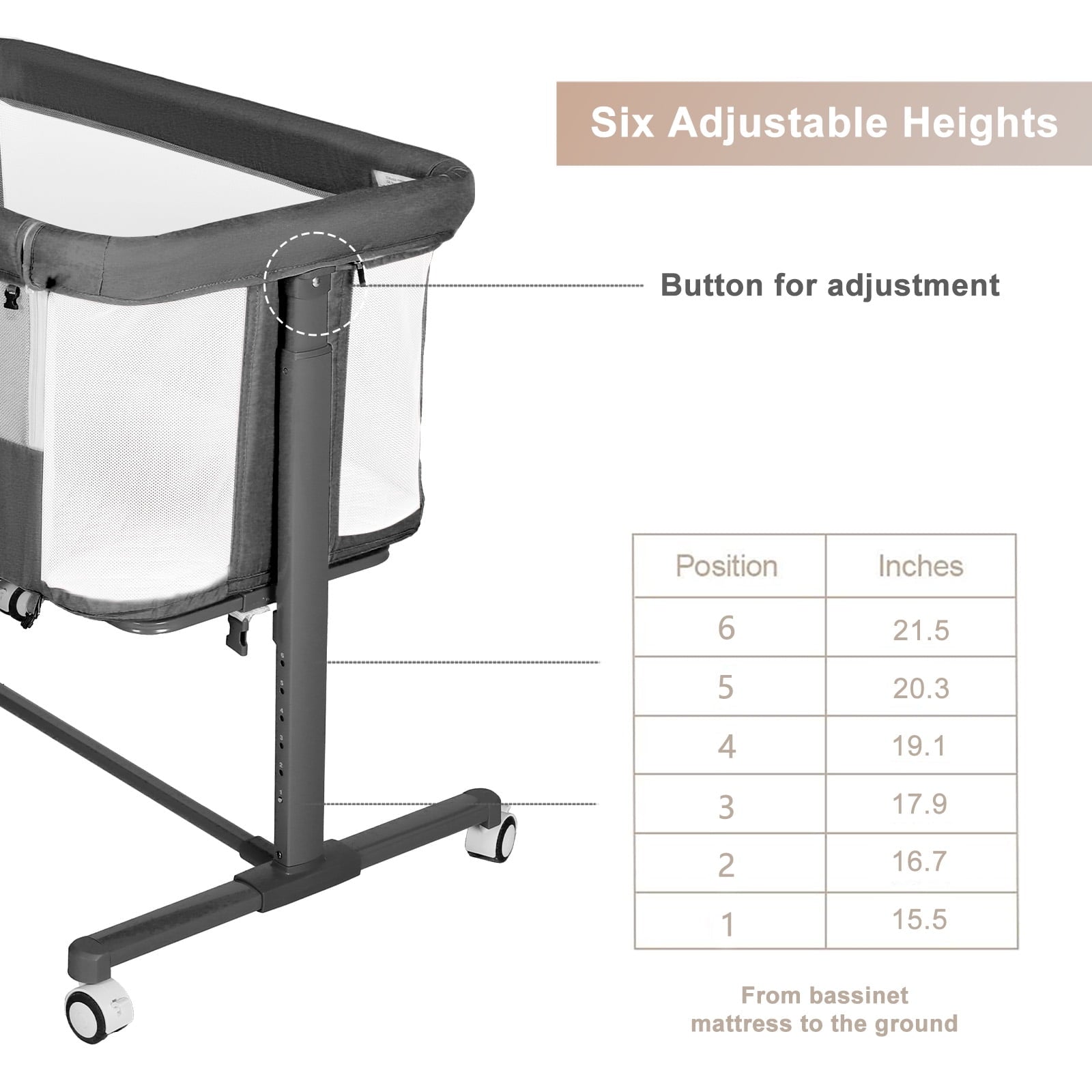 AILEEKISS Baby Bassinet with Wheels Adjustable Bedside Sleeper Bassinet Newborn Baby Crib, Grey