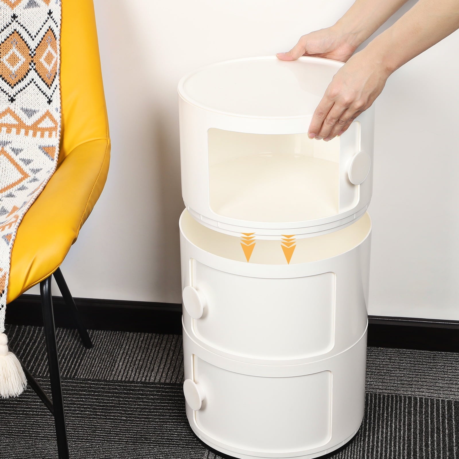 3 Drawer Sliding Barrel Modern Bedroom Nightstand, White