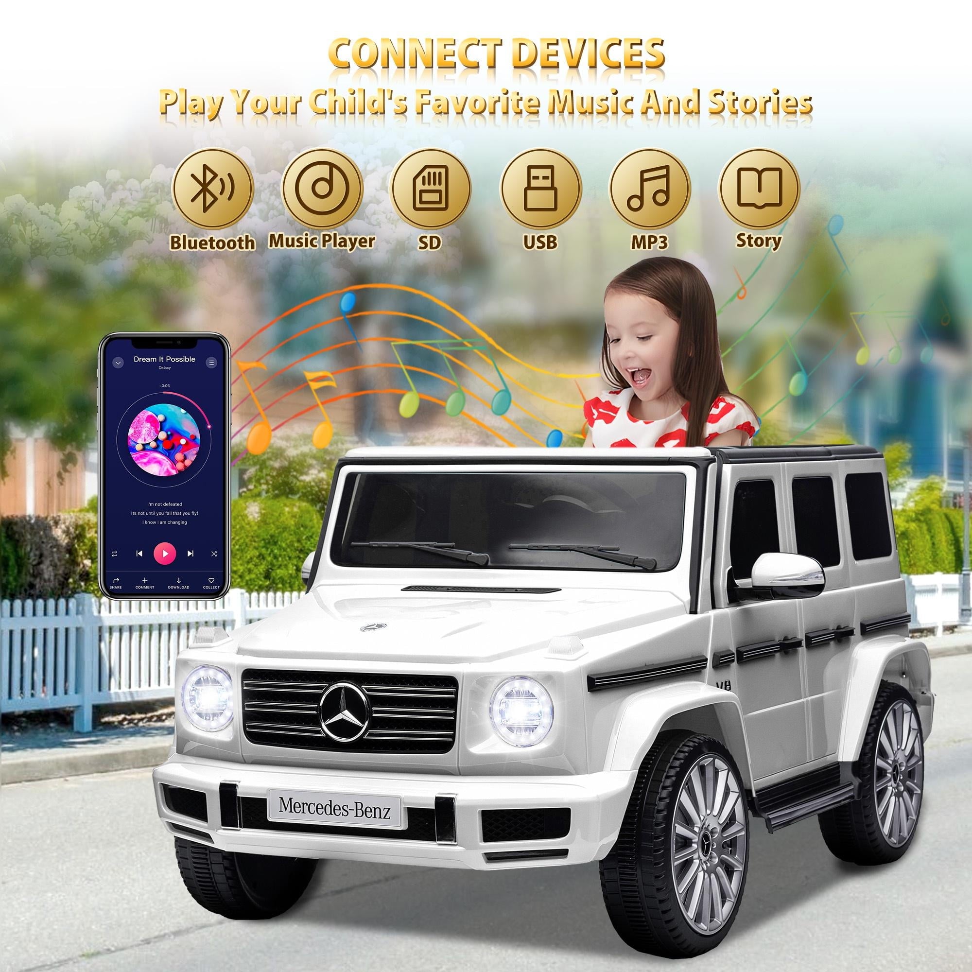 24V Ride on Car with Remote Control for Kids Mercedes Benz Ride on Car Toy for Boys and Girls 3-6 Years Old, Electric Vehicle, Bluetooth, LED Light, White