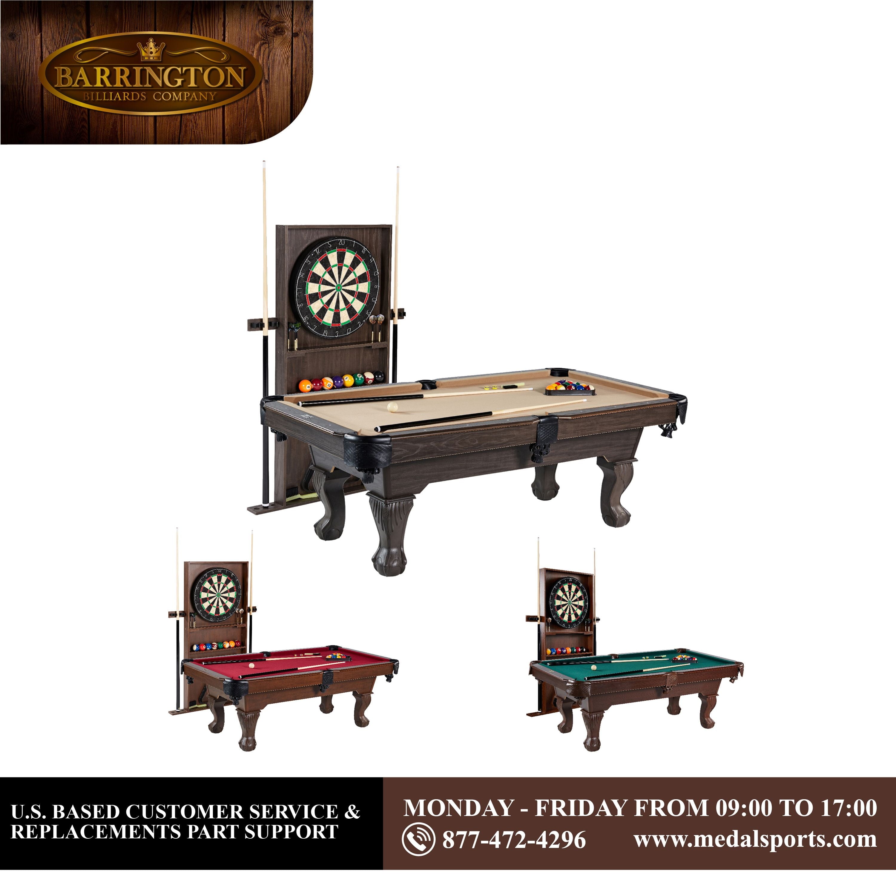 Barrington Billiards 90" Ball and Claw Leg Pool Table with Cue Rack, Dartboard Set, Burgundy, New