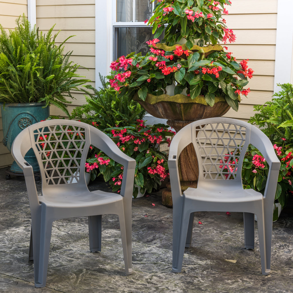 Adams Penza Outdoor Resin Stack Chair with Phone Holder, Plastic Patio Furniture, Gray