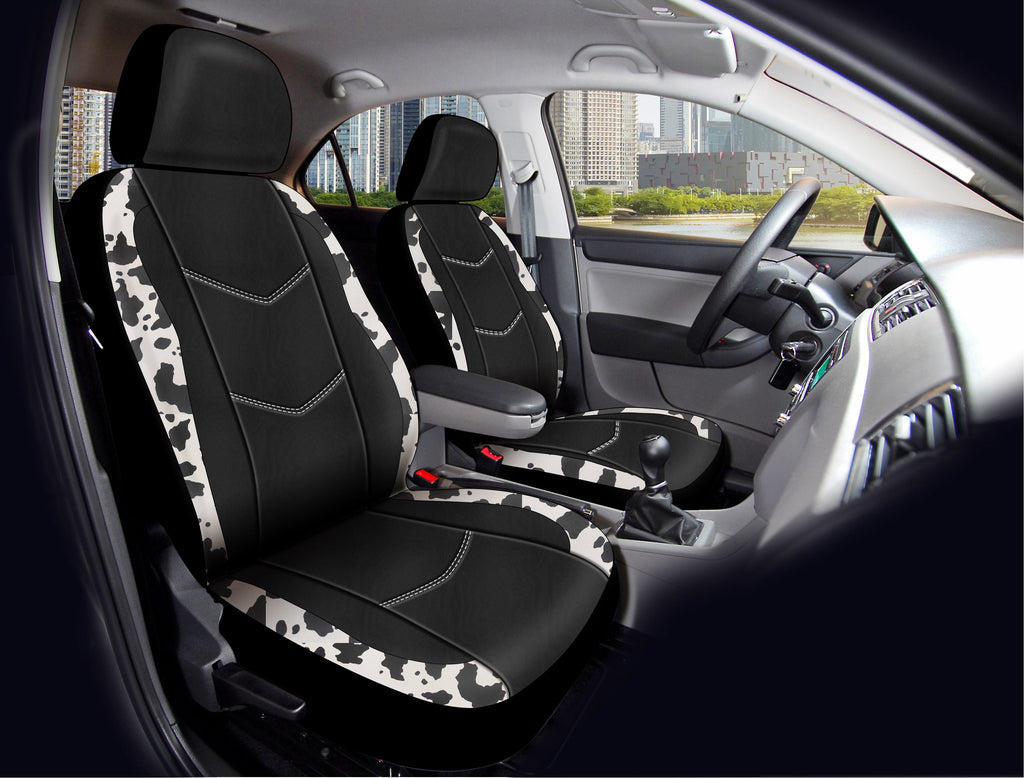 Auto Drive Universal Fit Black,White Cow Faux Leather Car Seat and Headrest Cover, Set of 2