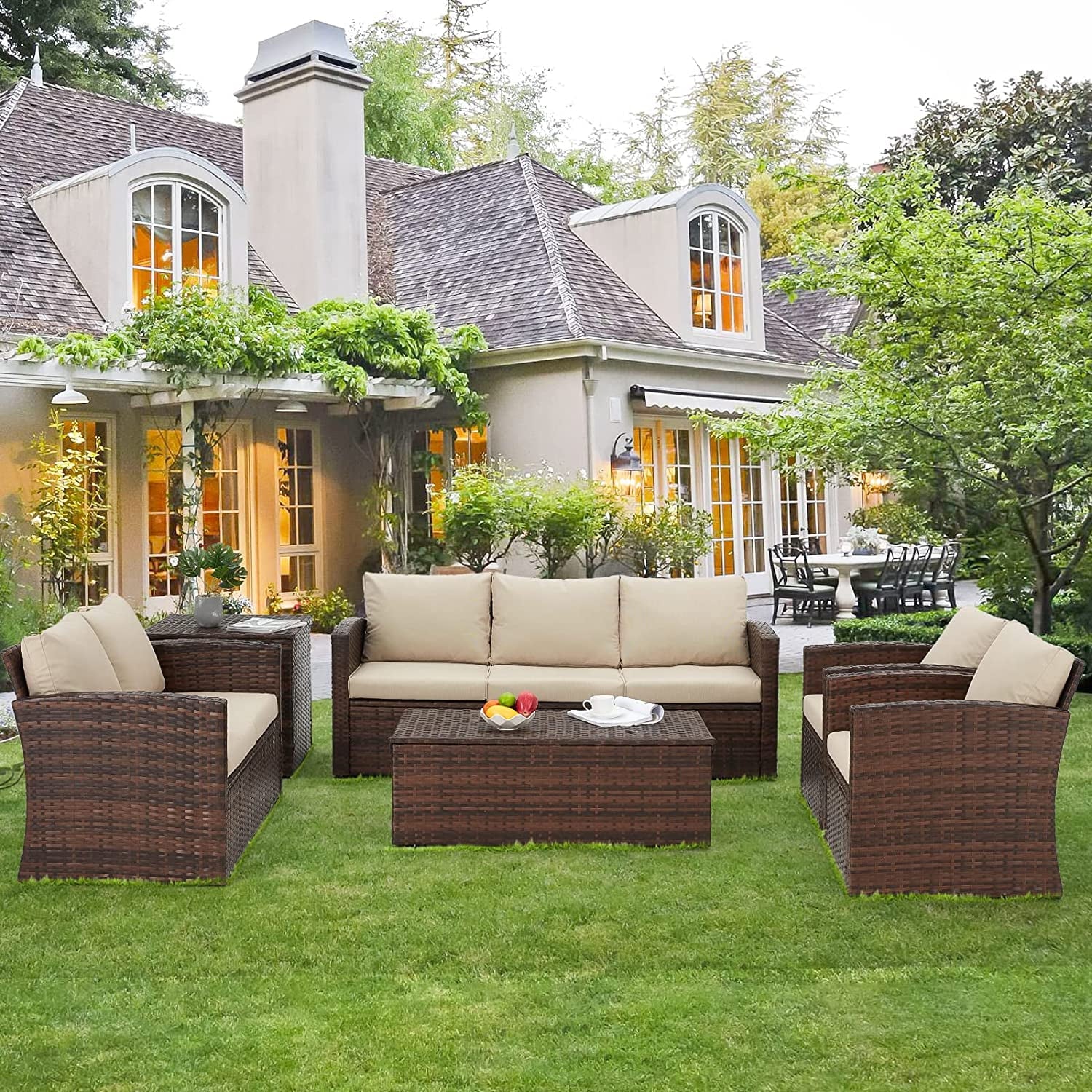 AECOJOY 6 Pieces Outdoor Furniture Set , Patio Rattan Wicker Sectional Sofa Conversation Set, Beige