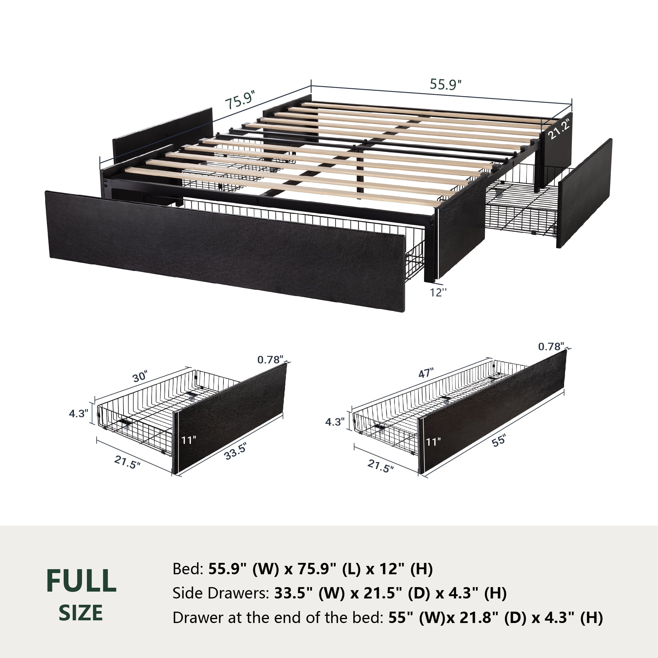 Amolife Queen Size Upholstered Platform Bed Frame with 3 Storage Drawers and Wooden Slats, Dark Gray