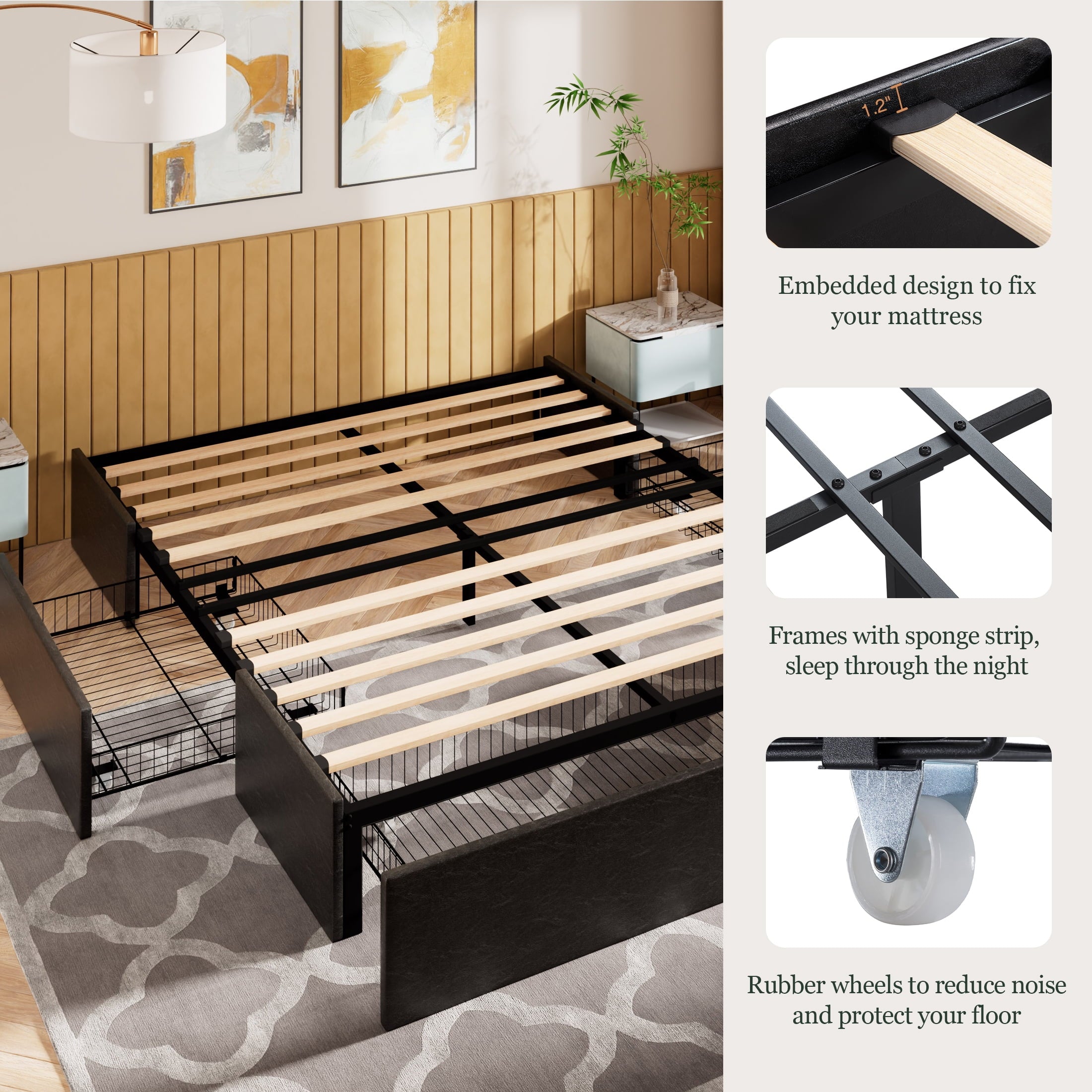 Amolife Queen Size Upholstered Platform Bed Frame with 3 Storage Drawers and Wooden Slats, Dark Gray