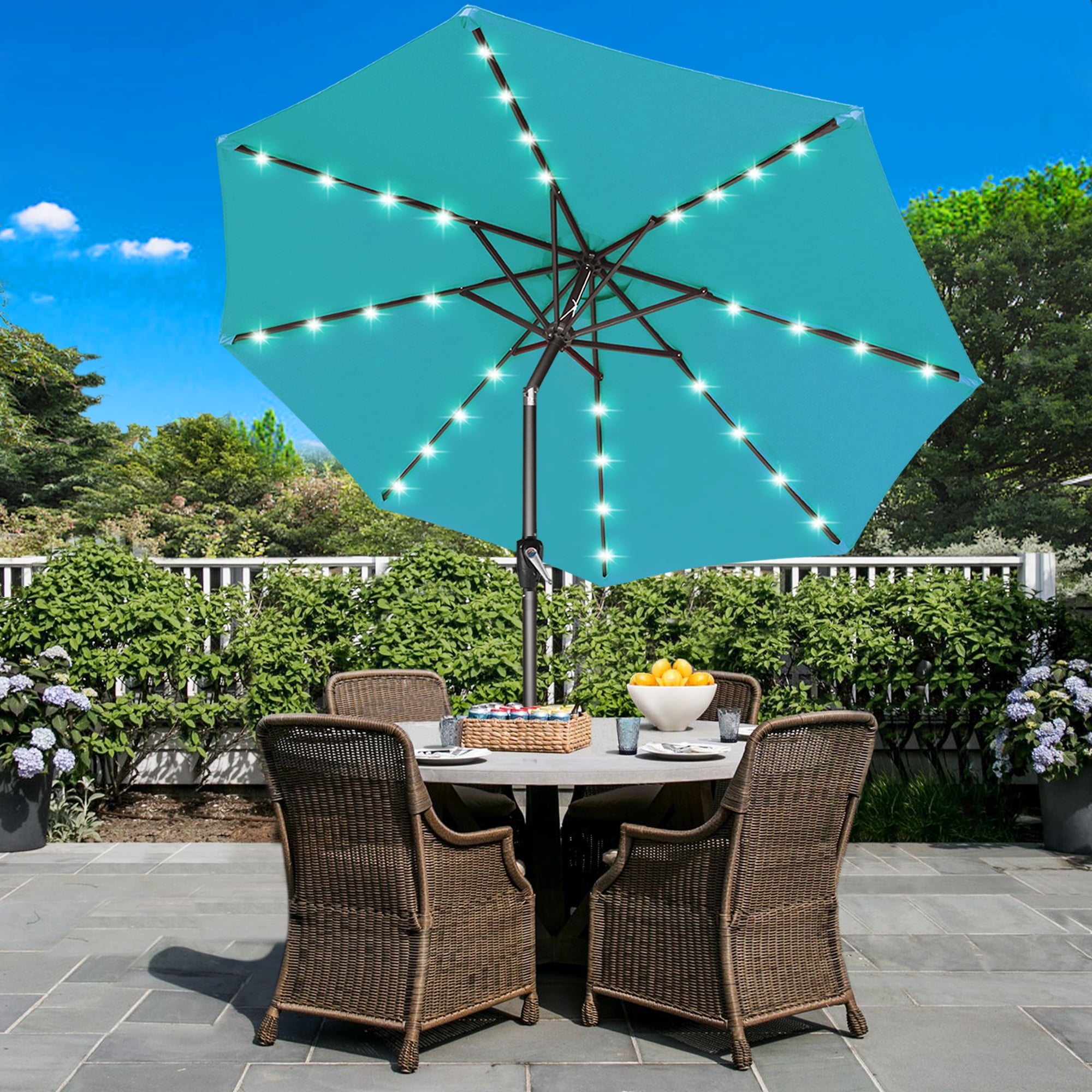 ABCCANOPY 7.5ft Patio Solar Umbrella LED Outdoor Umbrella with Tilt and Crank, Turquoise