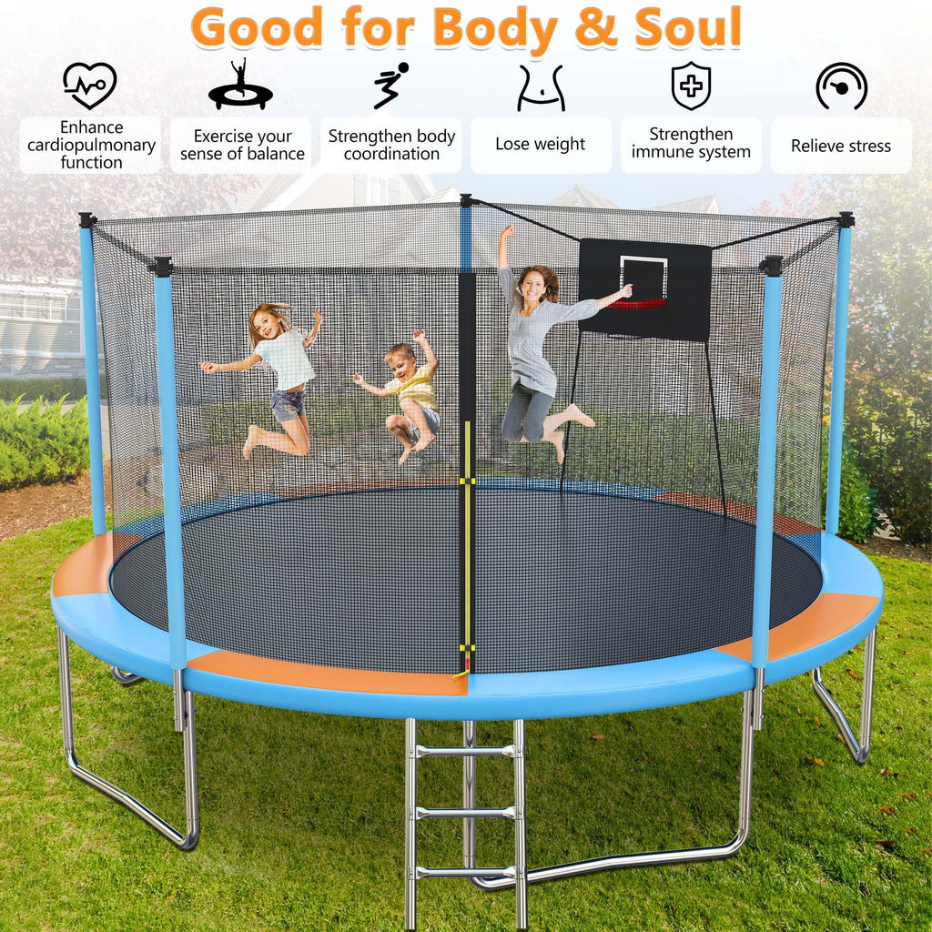 14ft Trampoline with Basketball Hoop, SEGMART Upgraded Round Kids Outdoor Trampoline with Enclosure, Heavy-Duty Backyard Trampoline for Adults and Kids, Blue