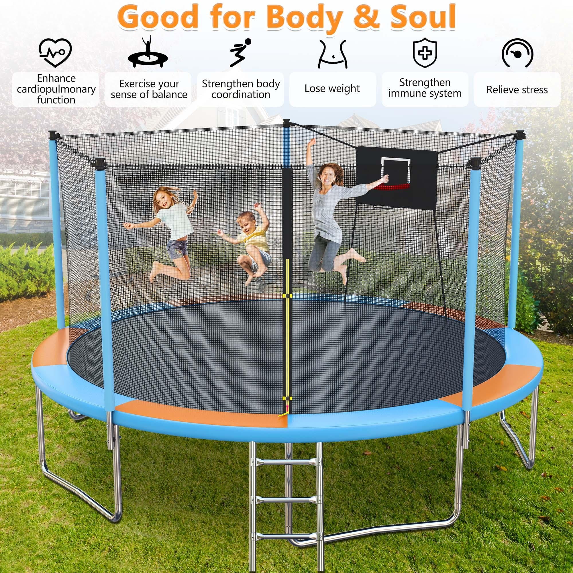 14ft Trampoline with Basketball Hoop, SEGMART Upgraded Round Kids Outdoor Trampoline with Enclosure, Heavy-Duty Backyard Trampoline for Adults and Kids, Blue