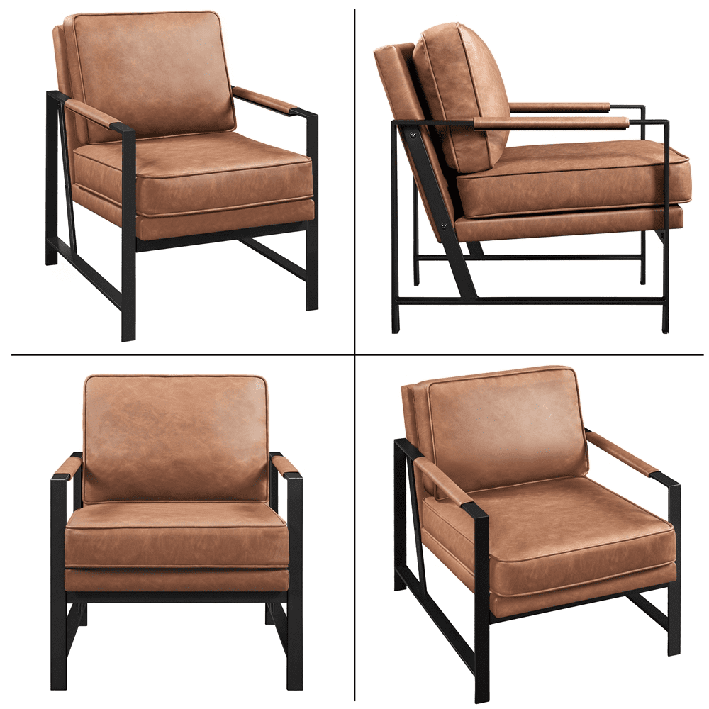 Alden Design Mid-Century Modern Accent Chair with Metal Frame, Brown Faux Leather