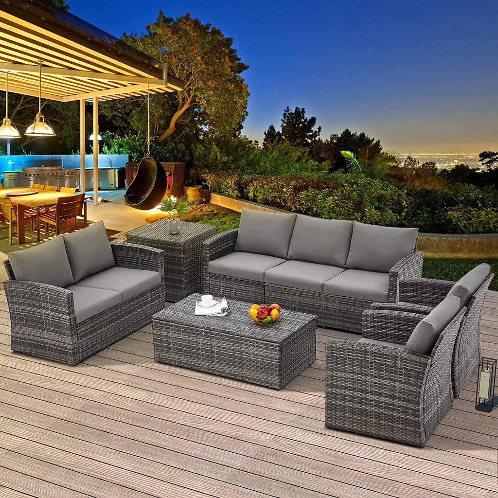 AECOJOY 6 Pieces Outdoor Furniture Set , Patio Rattan Wicker Sectional Sofa Conversation Set, Beige