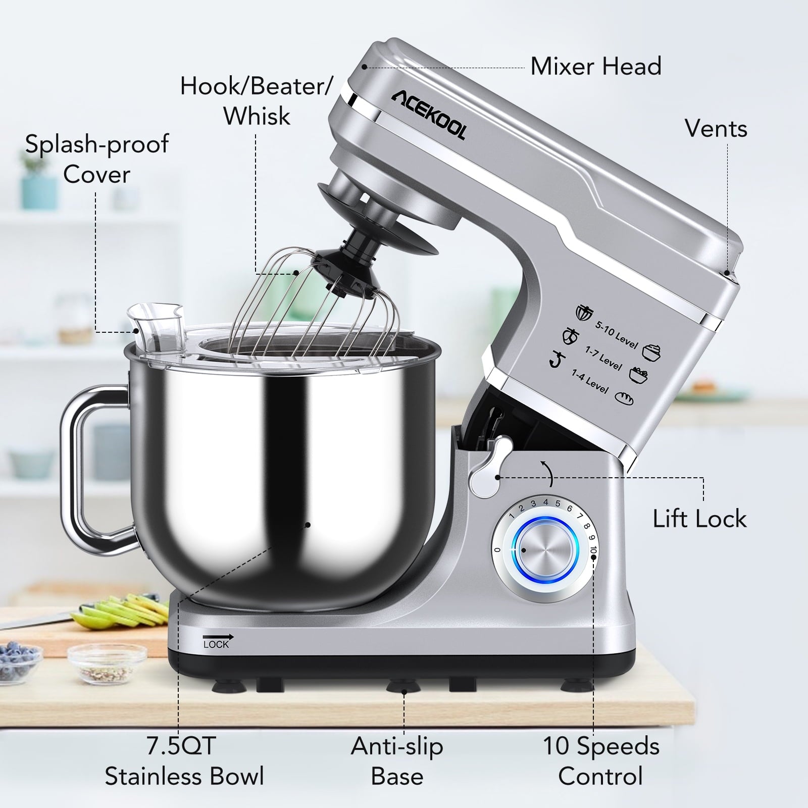 Acekool Stand Mixer, 7.5Qt 10 Speed 660W Tilt Head Electric Food Mixer