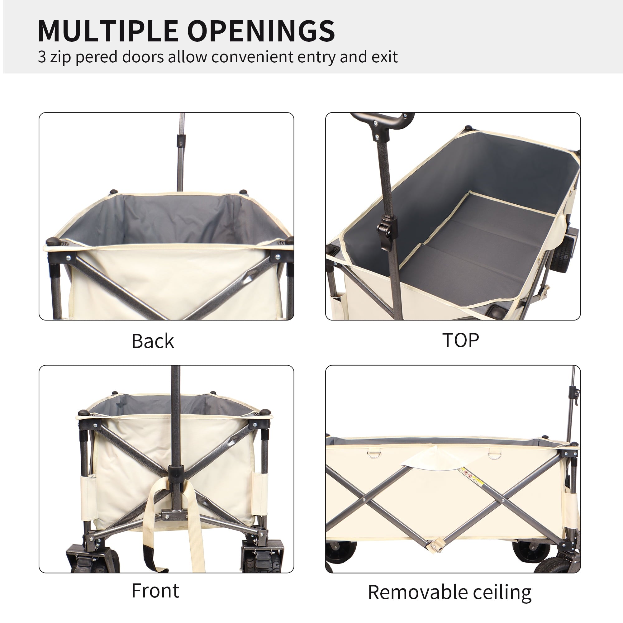 Al Fresco Collapsible Beach Wagon Cart Heavy Duty 225 lbs, Garden Wagon Cart with Big All-Terrain Wheels for Camping, White + Gray