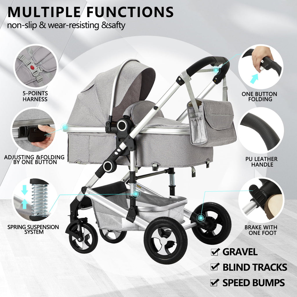AILEEKISS 2 in 1 Convertible Baby Stroller, Unisex Folding Infant Newborn Bassinet Pram, Dark Grey