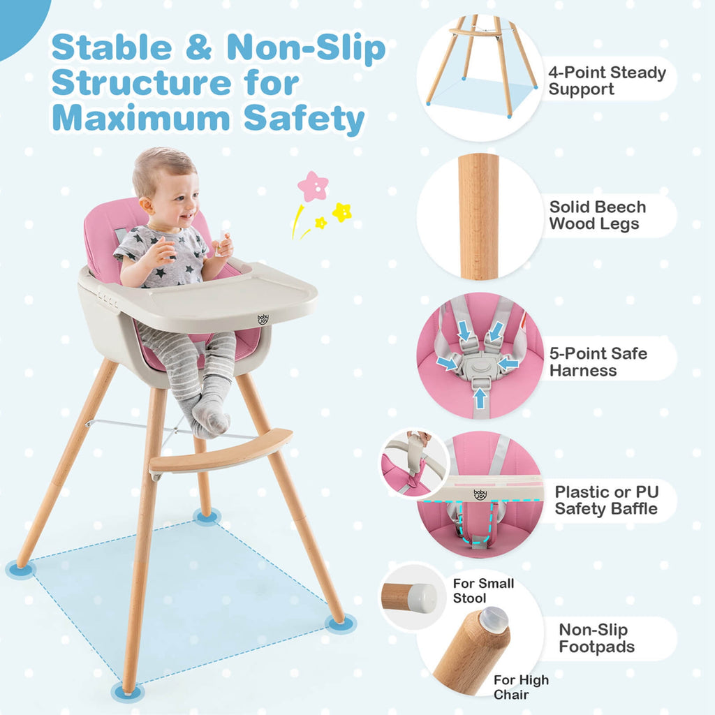 Babyjoy 3 in 1 Convertible Wooden High Chair Baby Toddler Highchair w/ Cushion Beige