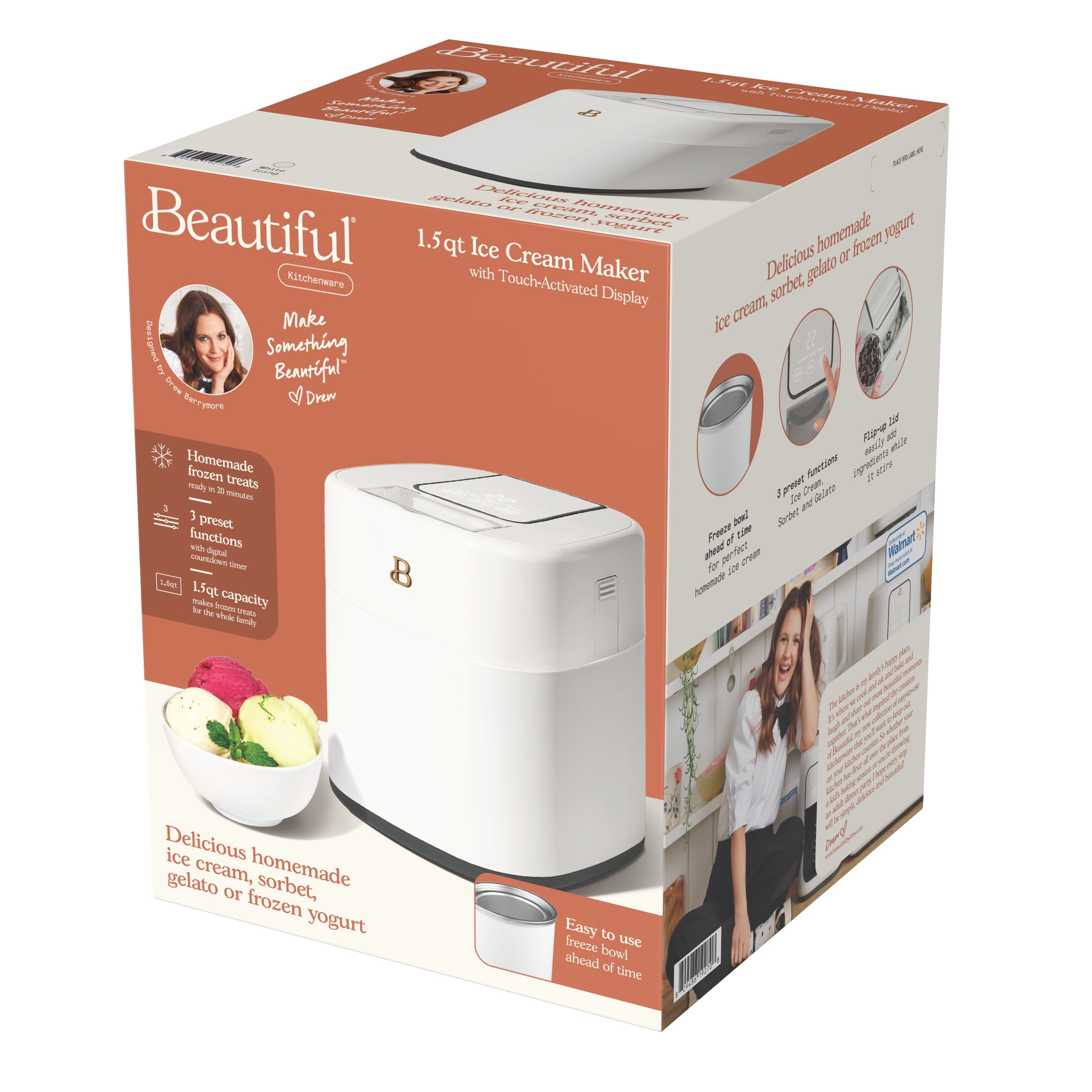 Beautiful 1.5 Qt Ice Cream Maker with Touch Activated Display, White Icing by Drew Barrymore