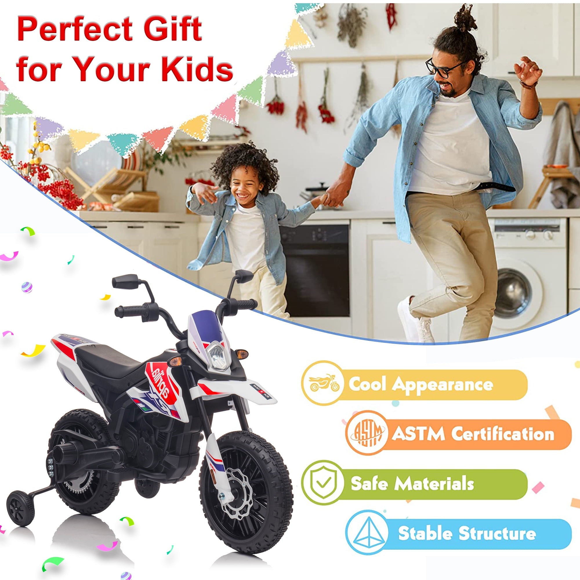 12V Electric Dirt Bike for Kids 3-6, Aprilia Powered Ride on Toy Car with 2 Training Wheels, LED Light, MP3 Player, Child 4 Wheeler Motorcycle for Boys Girls
