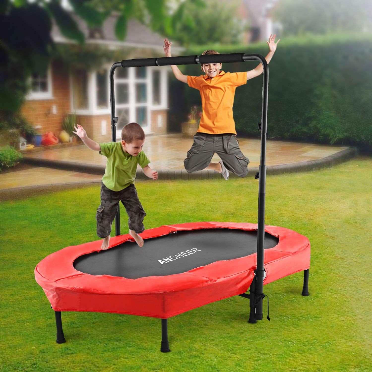 ANCHEER Foldable Trampoline, Mini Rebounder Trampoline with Adjustable Handle, Exercise Trampoline, Parent Child Trampoline Max 220lbs
